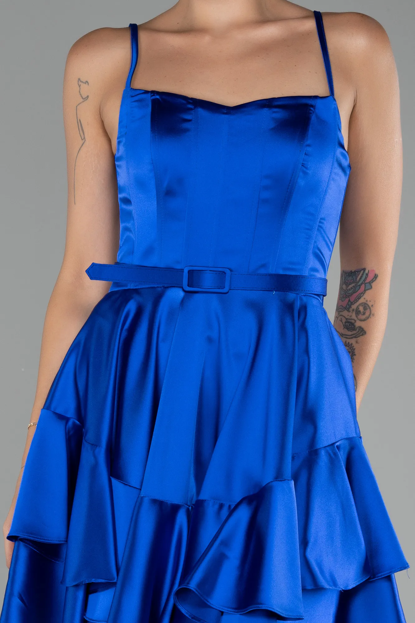 Sax Blue-Strappy Short Satin Cocktail Dress ABK2114