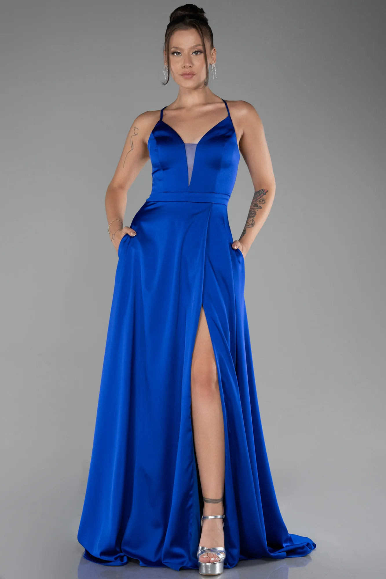 Sax Blue-Strappy Slit Long Satin Prom Gown ABU4087