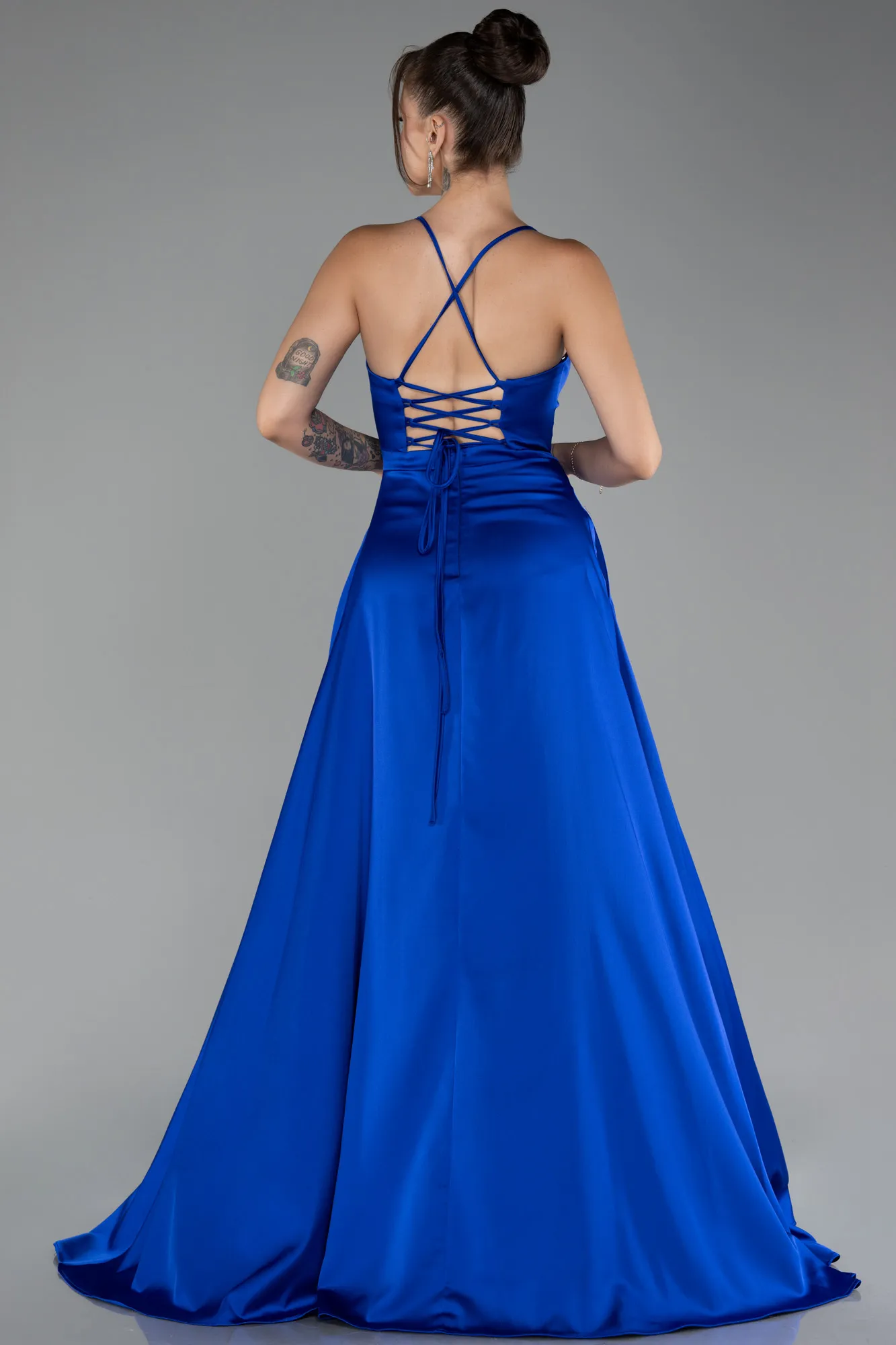 Sax Blue-Strappy Slit Long Satin Prom Gown ABU4087