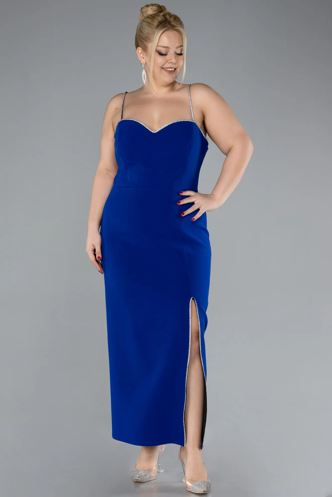 Sax Blue-Strappy Slit Midi Plus Size Cocktail Dress ABK2192