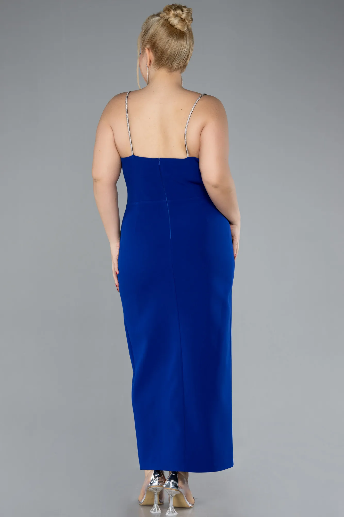 Sax Blue-Strappy Slit Midi Plus Size Cocktail Dress ABK2192