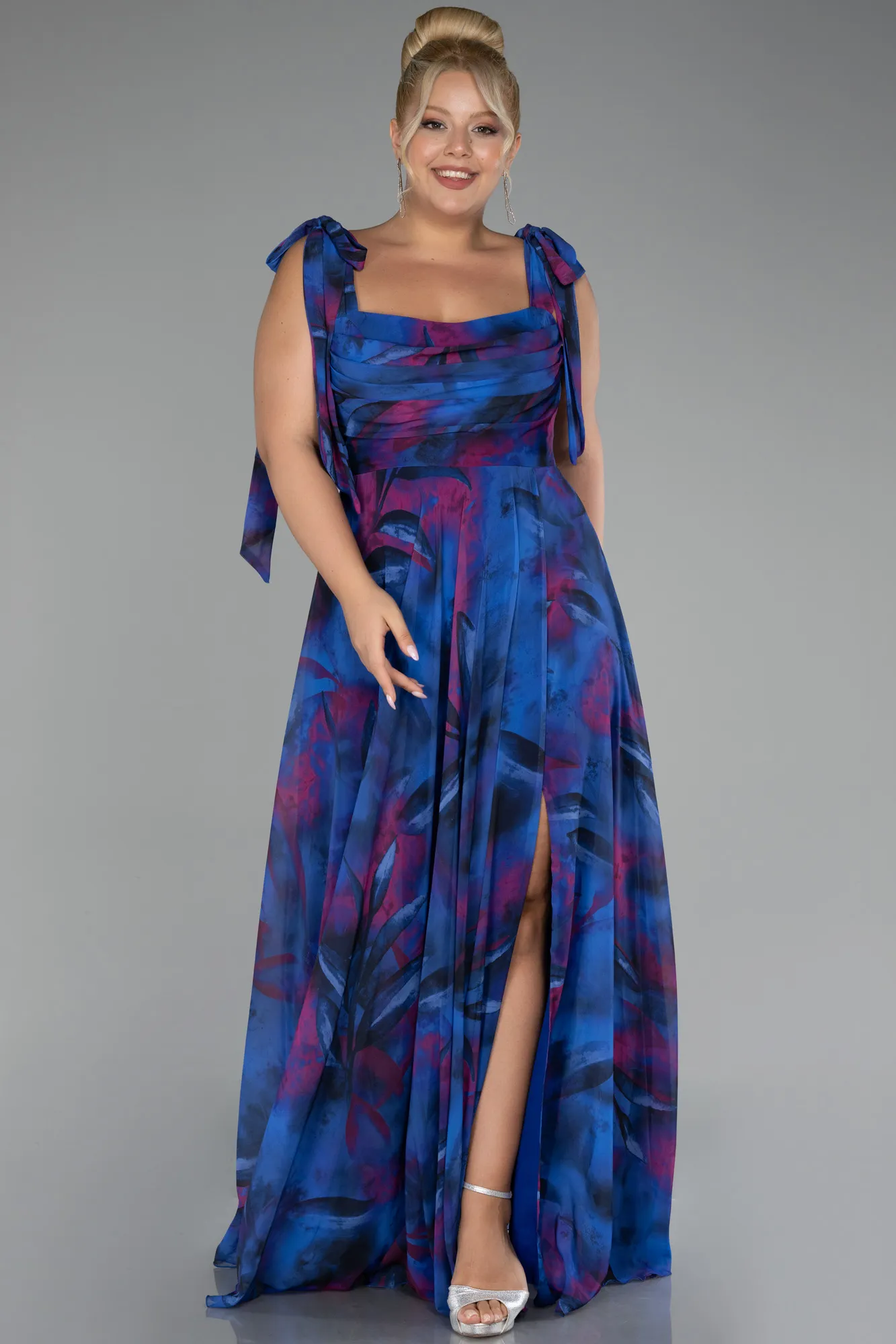 Sax Blue-Strappy Slit Printed Long Plus Size Prom Dress ABU4204