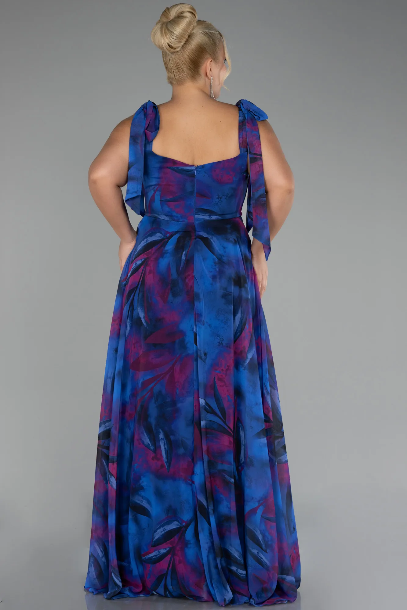 Sax Blue-Strappy Slit Printed Long Plus Size Prom Dress ABU4204