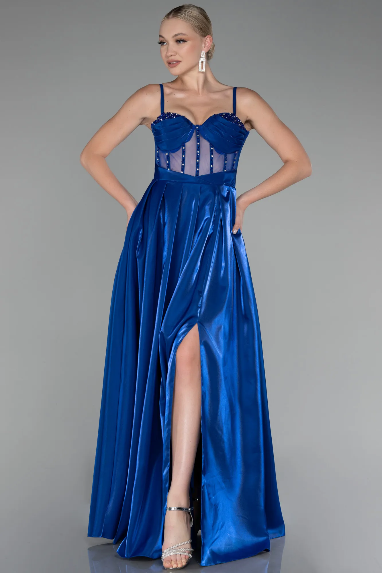 Sax Blue-Strappy Underwire Corset Slit Long Satin Prom Dress ABU4112