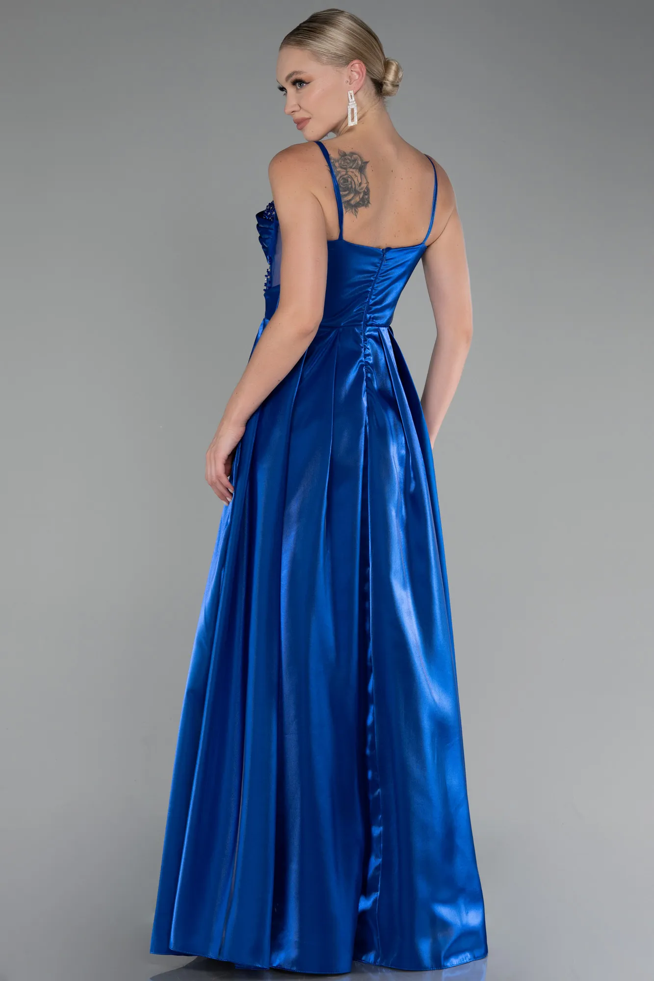 Sax Blue-Strappy Underwire Corset Slit Long Satin Prom Dress ABU4112