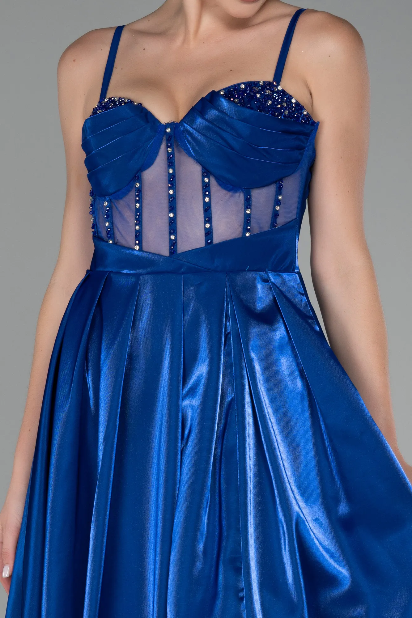 Sax Blue-Strappy Underwire Corset Slit Long Satin Prom Dress ABU4112