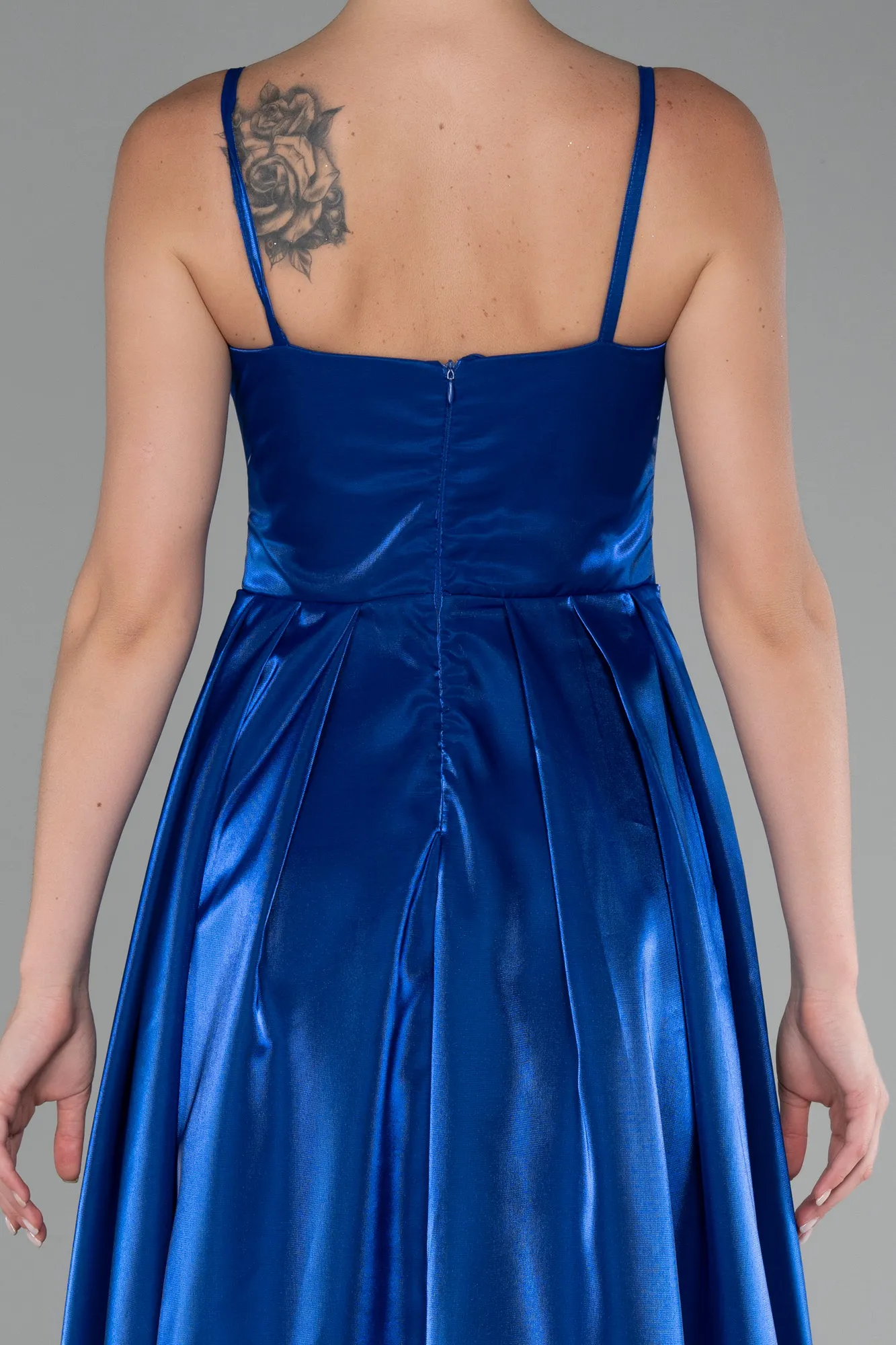 Sax Blue-Strappy Underwire Corset Slit Long Satin Prom Dress ABU4112