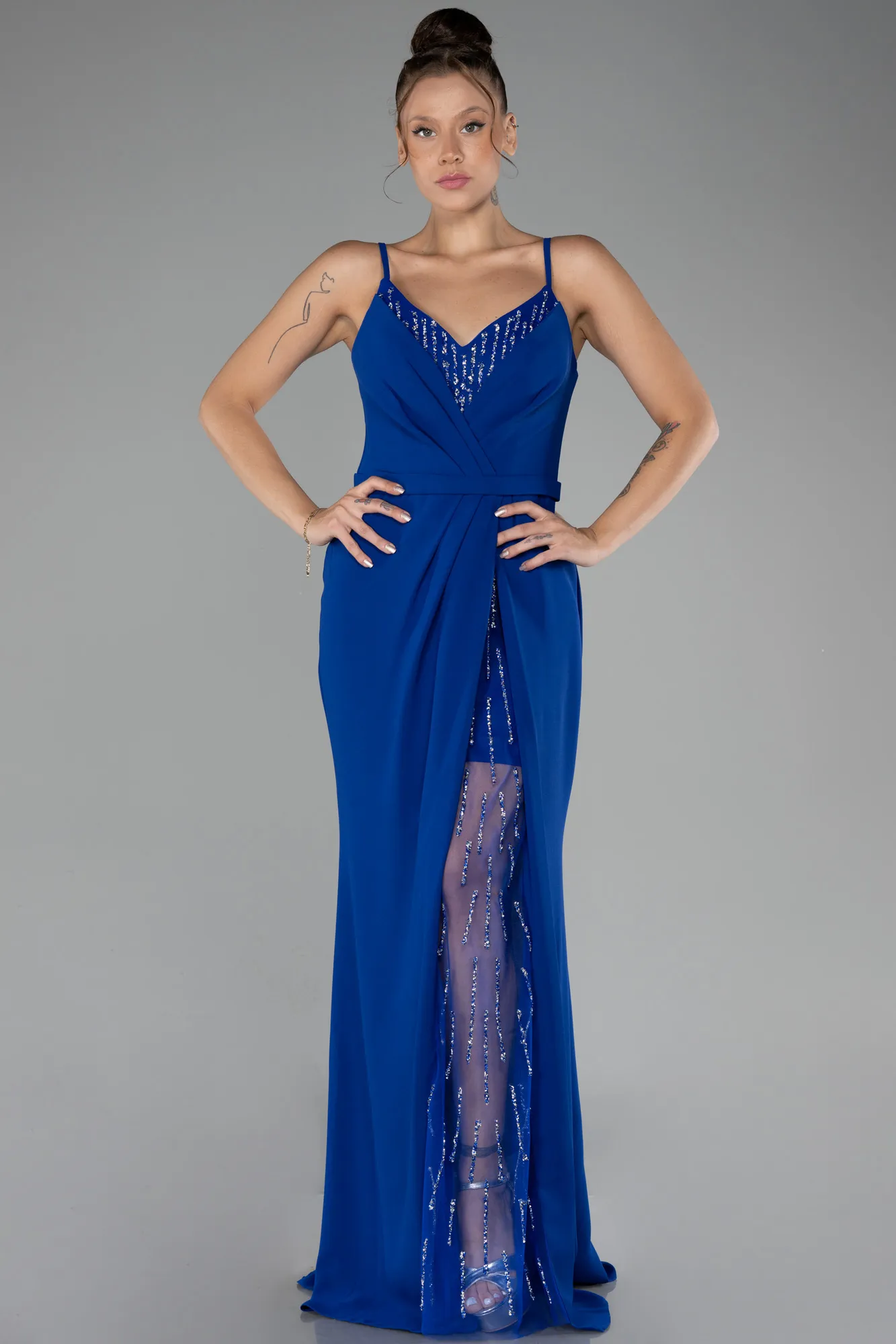 Sax Blue-Straps Long Evening Gown ABU4299