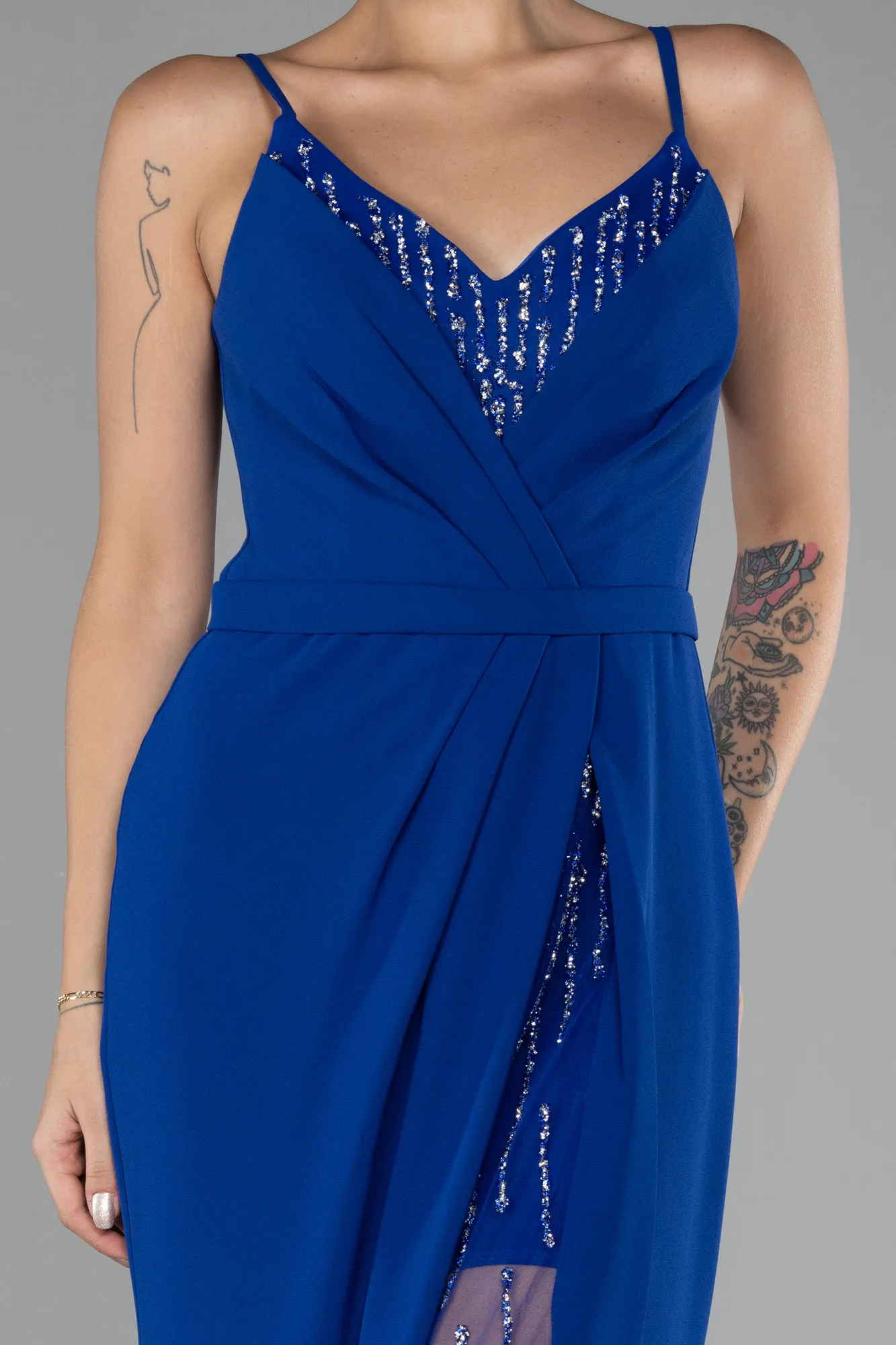 Sax Blue-Straps Long Evening Gown ABU4299