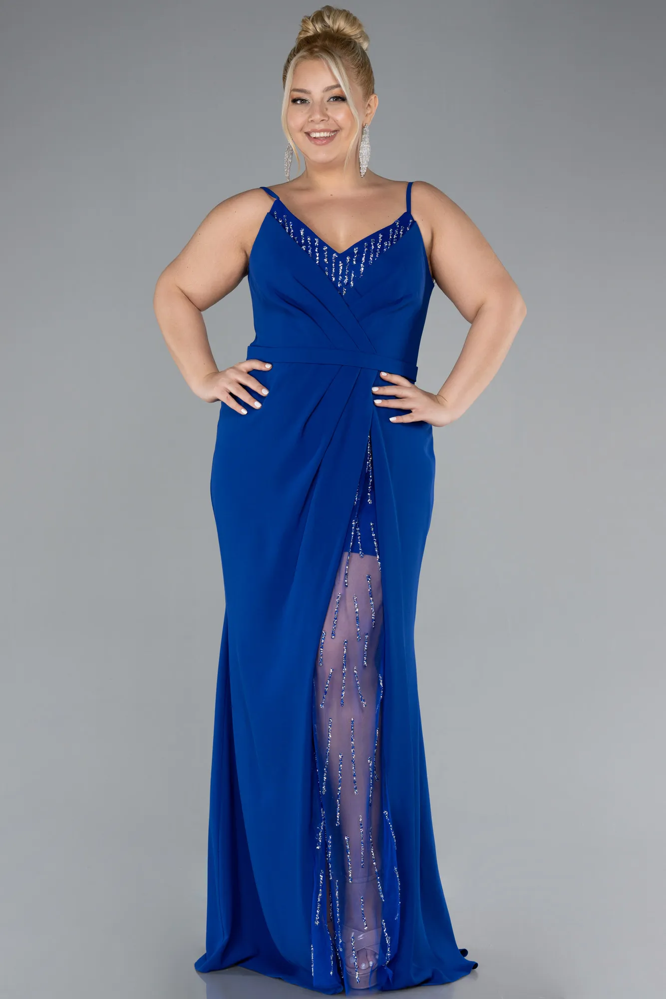 Sax Blue-Straps Long Plus Size Evening Gown ABU4300