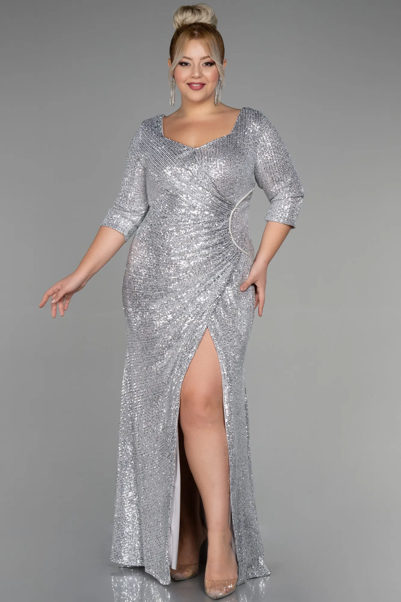 Silver-Long Scaly Plus Size Evening Dress ABU3258