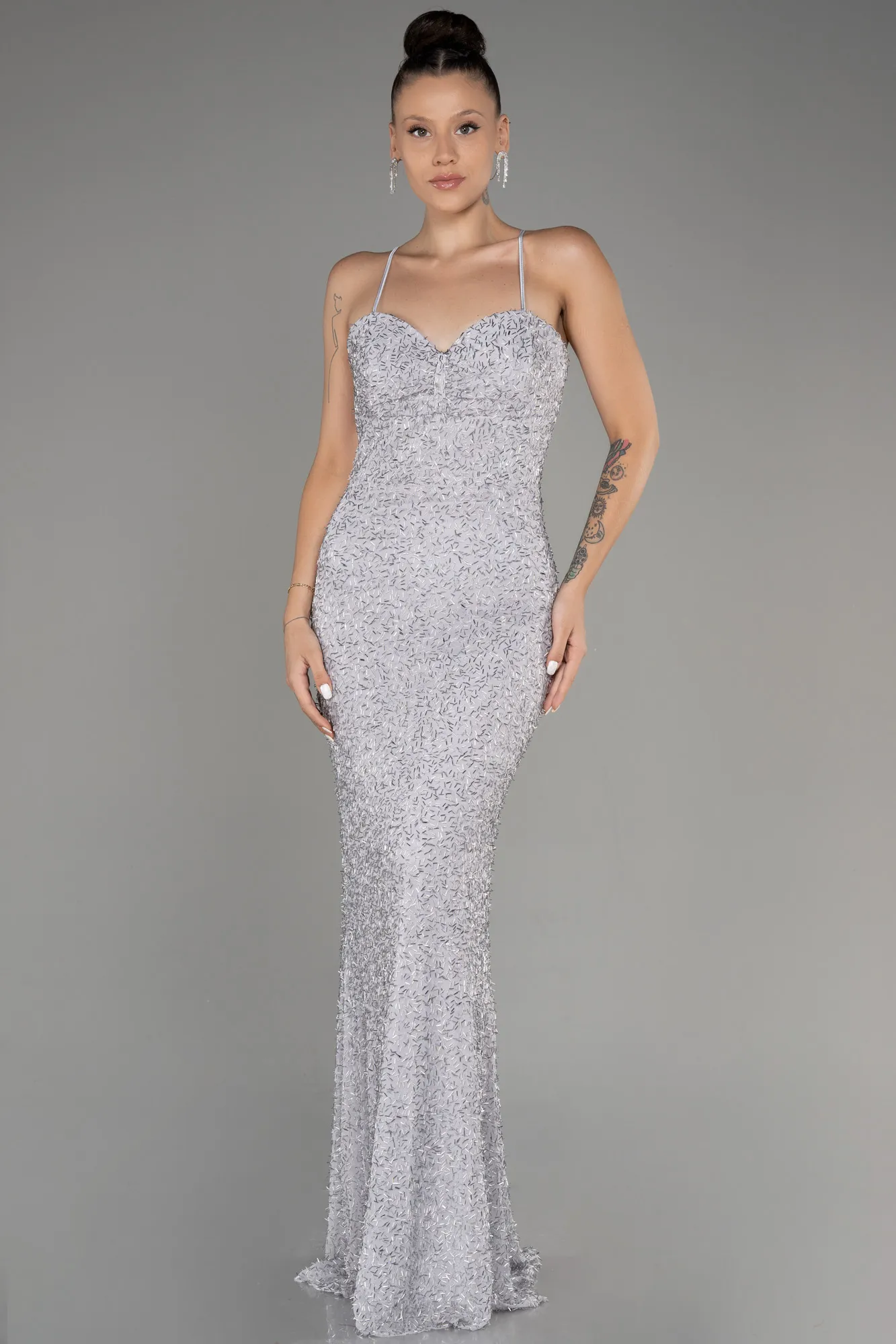 Silver-Straps Beaded Long Mermaid Evening Dress ABU4025