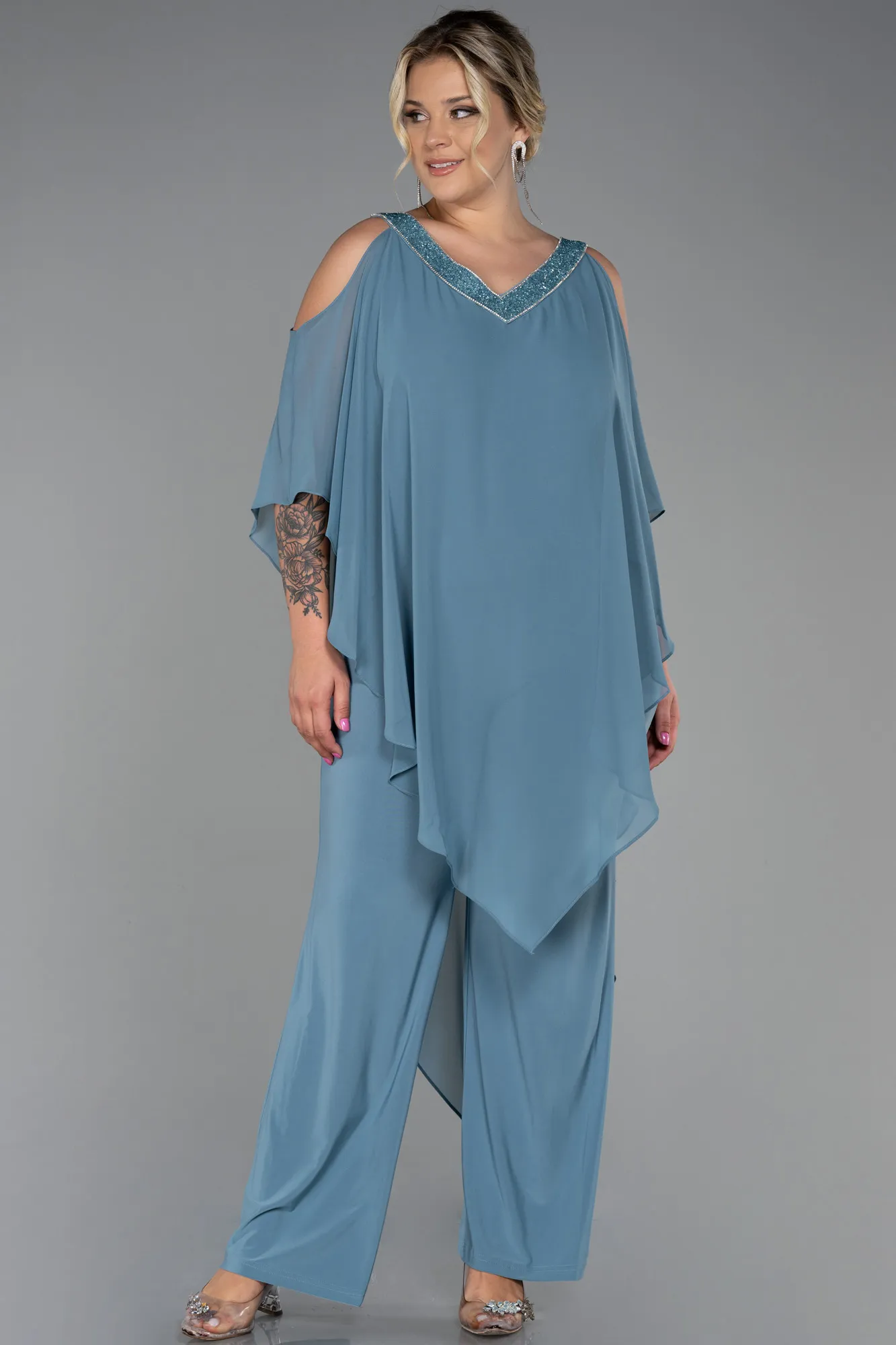 Turquoise-Chiffon Plus Size Evening Dress ABT096