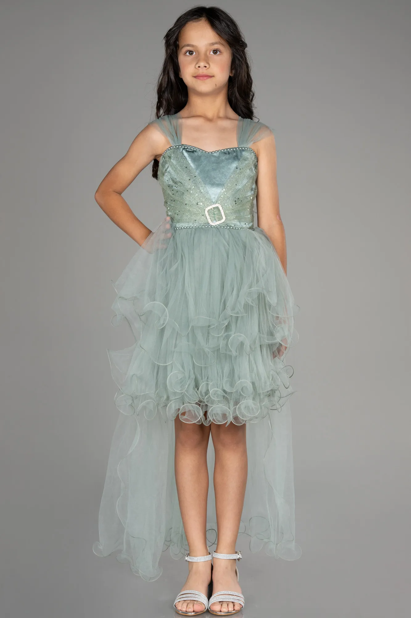 Turquoise-Front Short Back Long Girl Dress ABO105