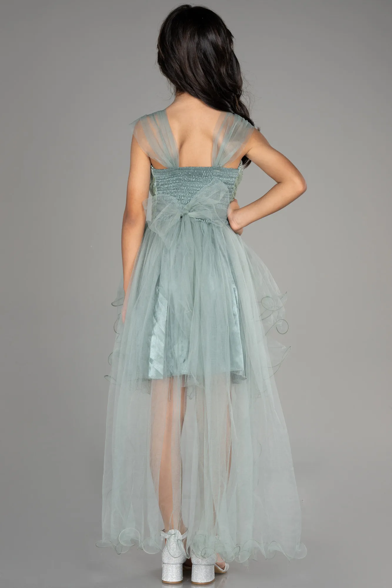 Turquoise-Front Short Back Long Girl Dress ABO105
