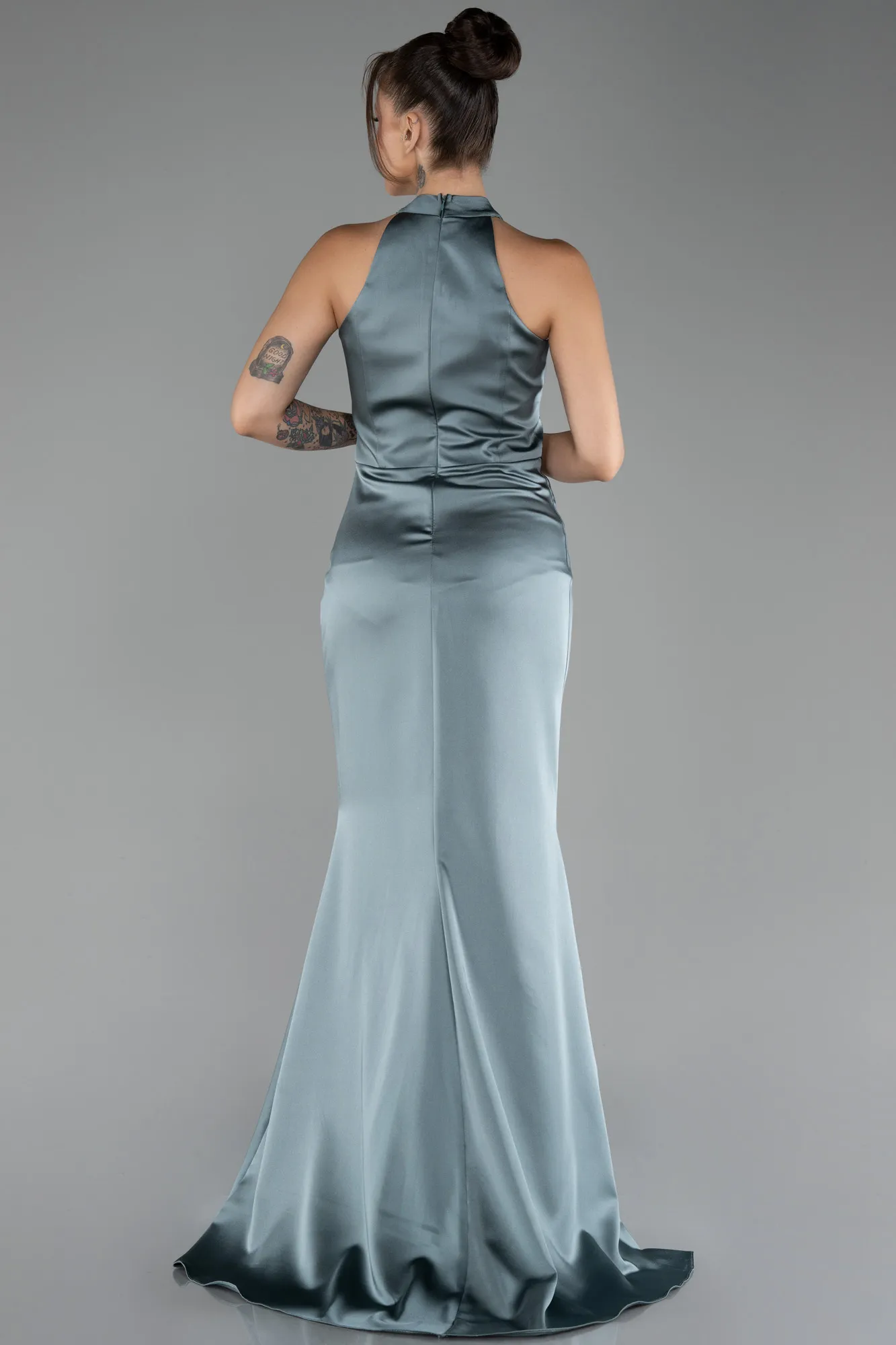 Turquoise-Halter Neckline Slit Long Satin Evening Dress ABU4094