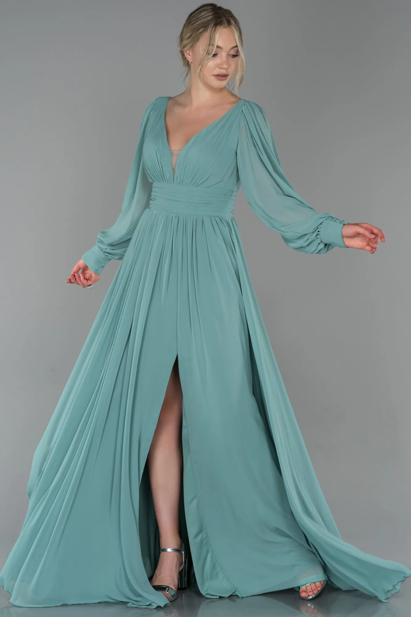 Turquoise-Long Chiffon Evening Dress ABU1702