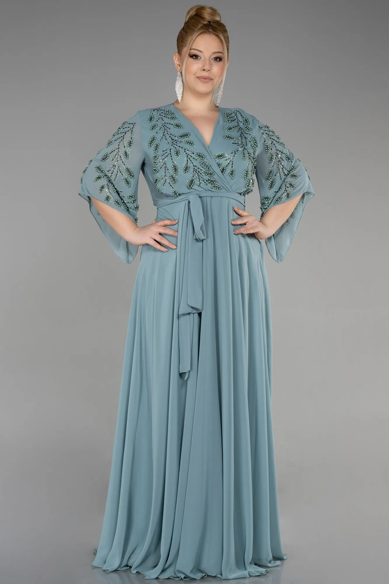 Turquoise-Long Chiffon Plus Size Evening Dress ABU2071