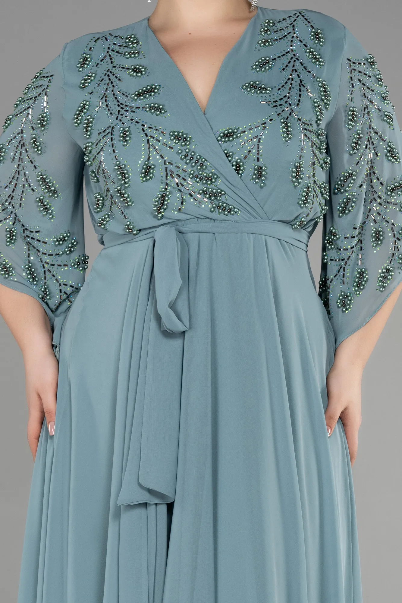 Turquoise-Long Chiffon Plus Size Evening Dress ABU2071