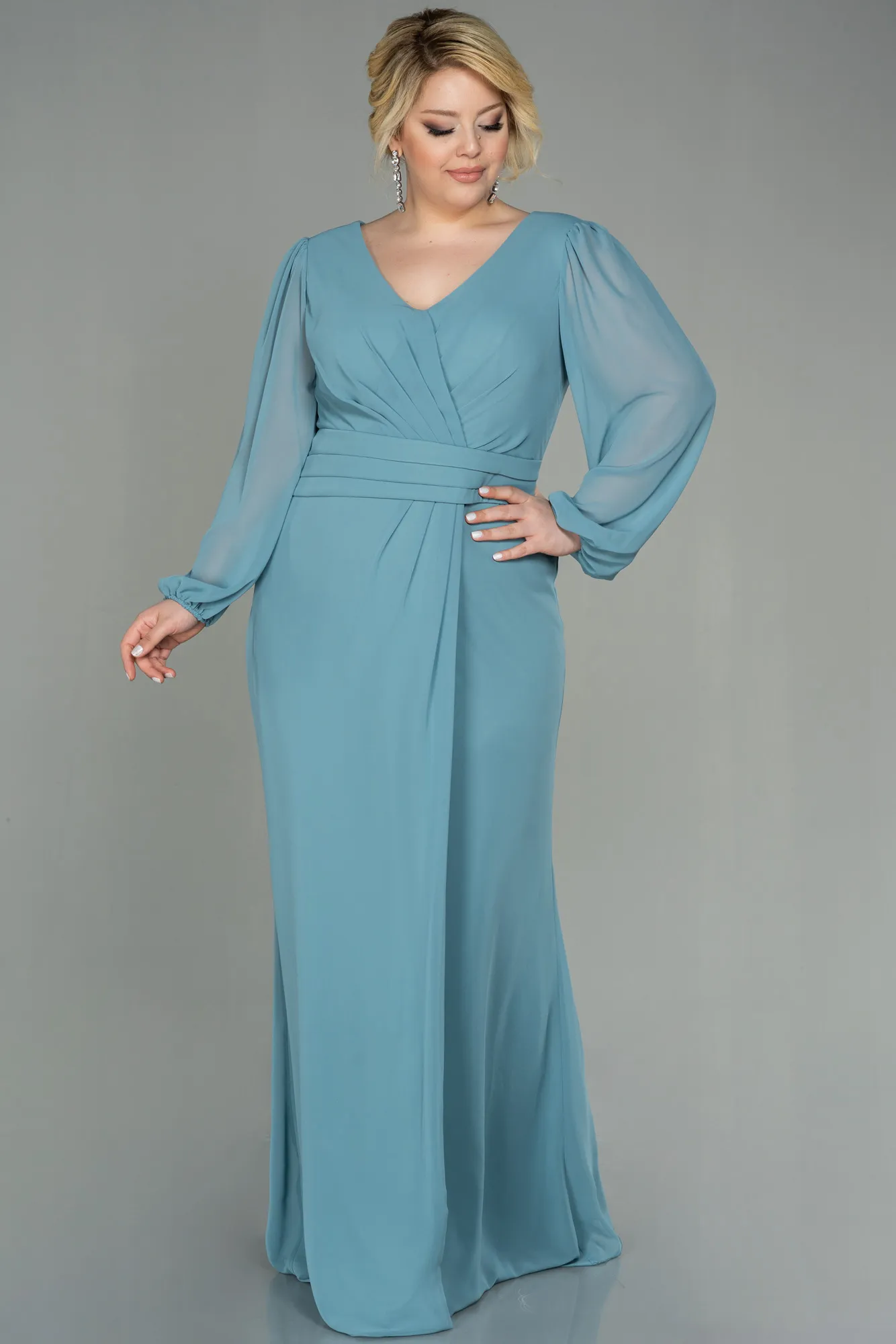 Turquoise-Long Chiffon Plus Size Evening Dress ABU2763