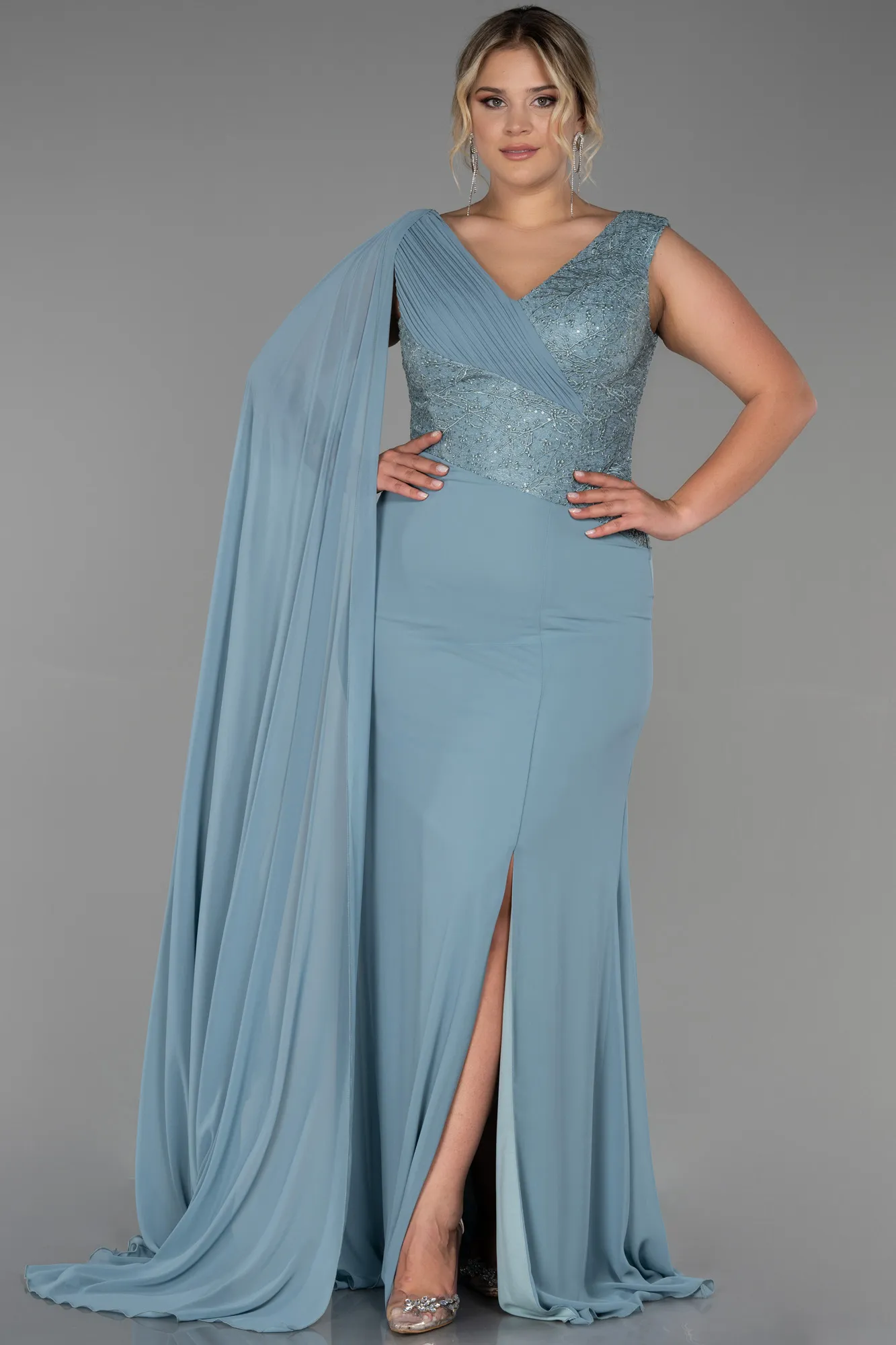 Turquoise-Long Chiffon Plus Size Evening Dress ABU3288