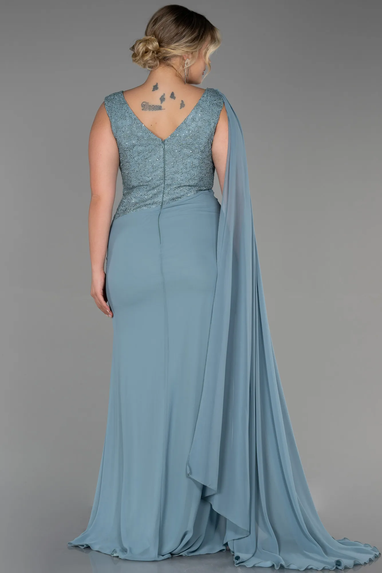 Turquoise-Long Chiffon Plus Size Evening Dress ABU3288