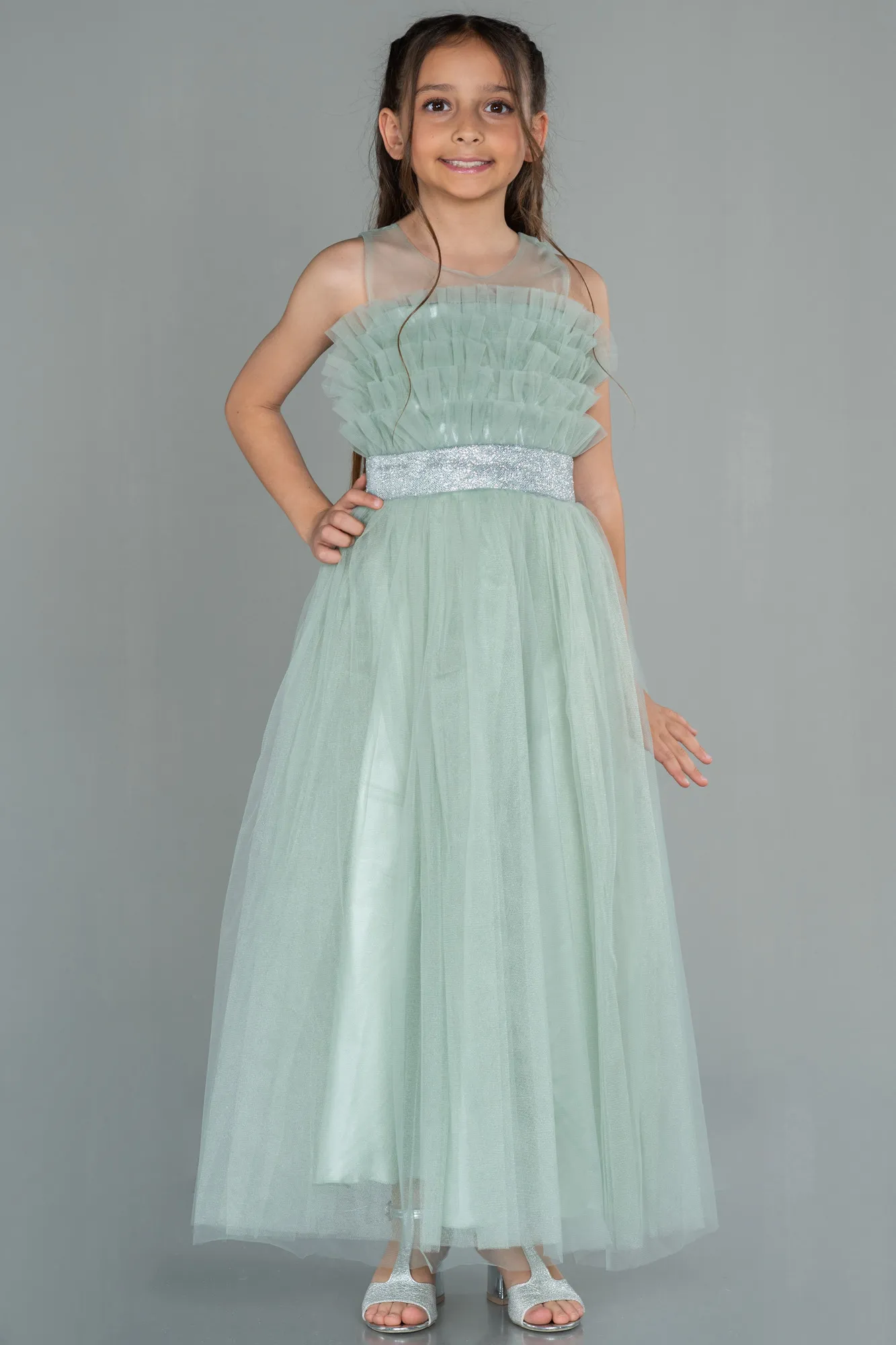 Turquoise-Long Girl Dress ABU3032
