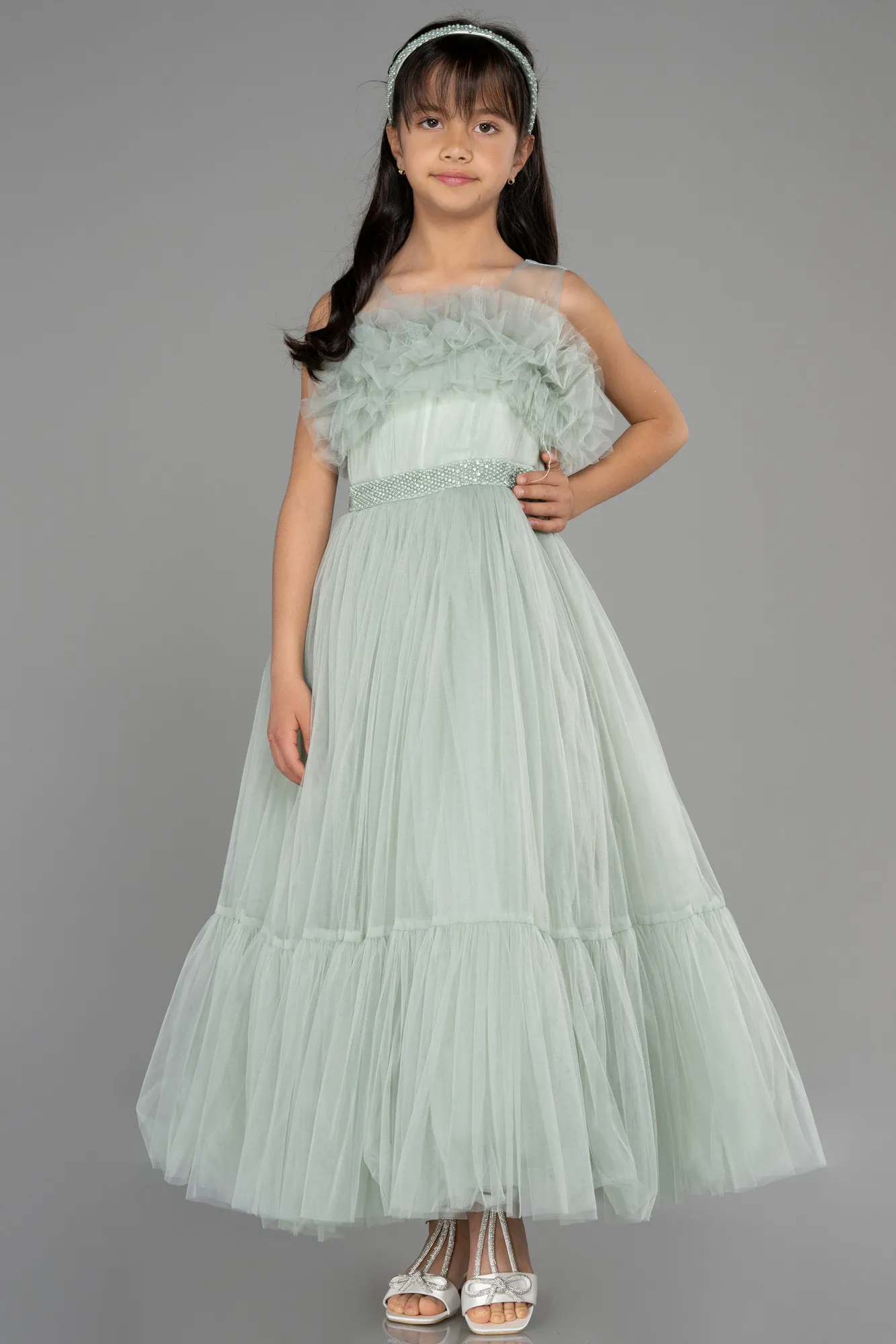 Turquoise-Long Girl Dress ABU3726