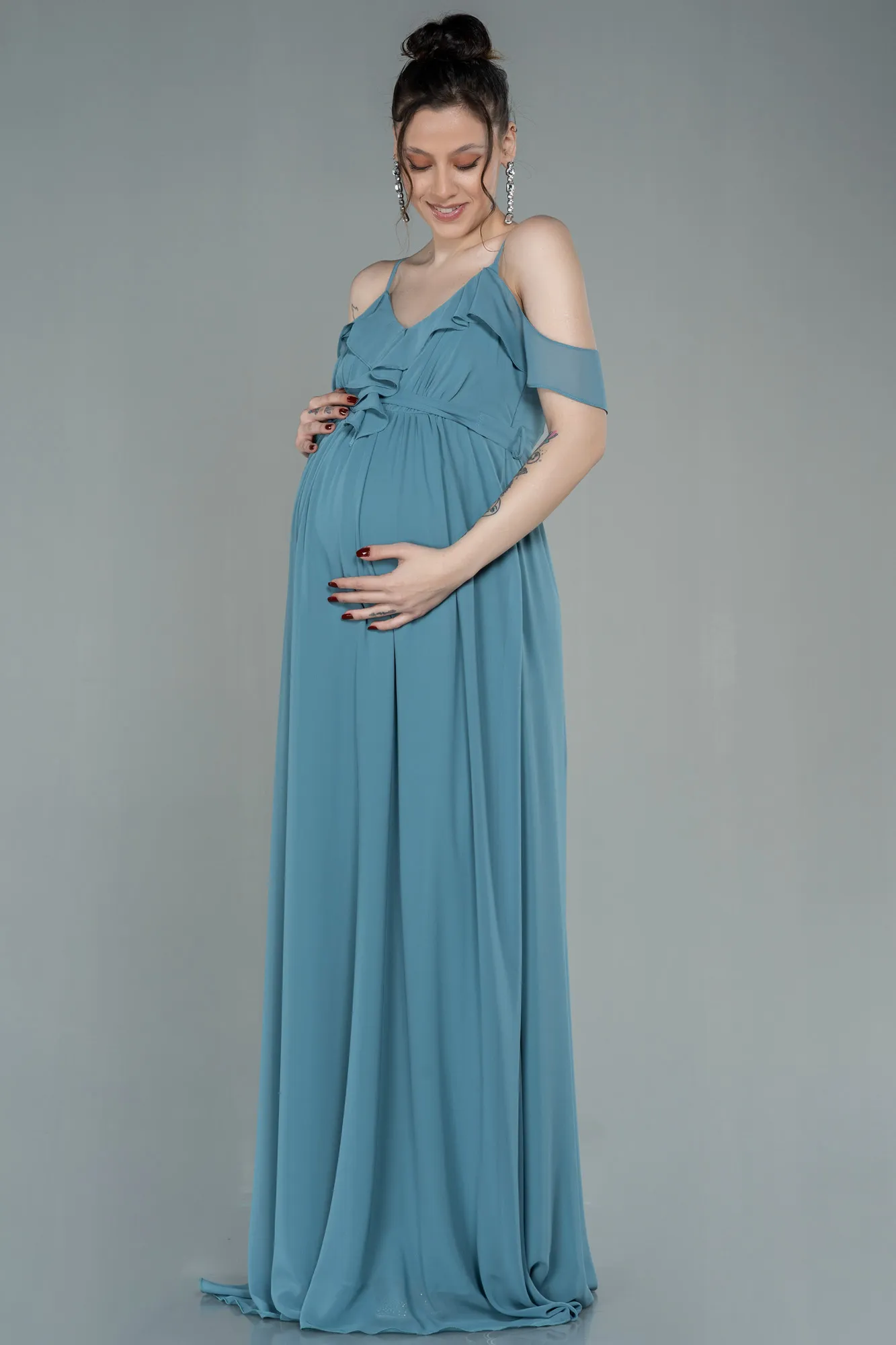 Turquoise-Long Pregnancy Evening Dress ABU744