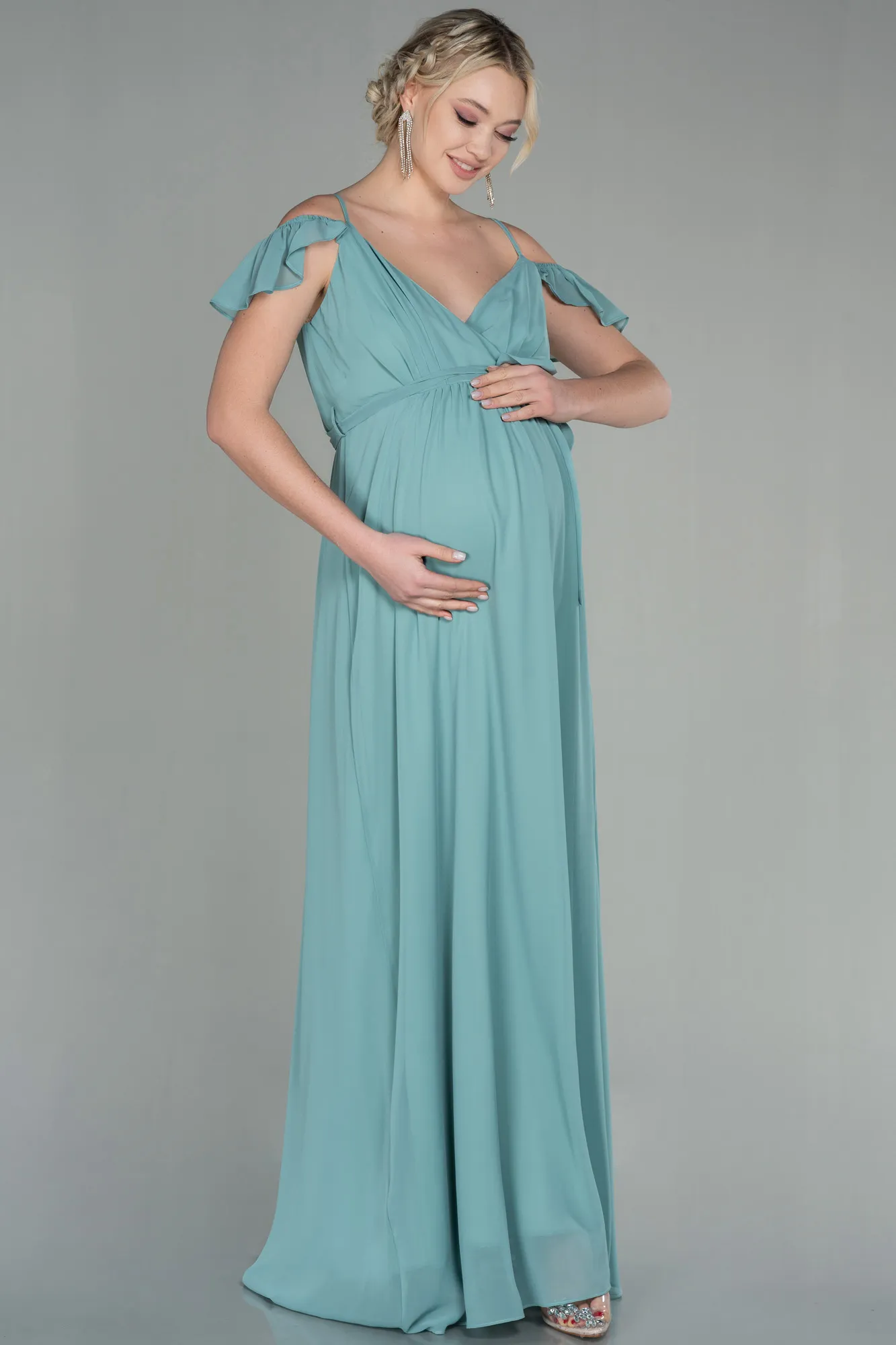 Turquoise-Long Pregnancy Evening Dress ABU756