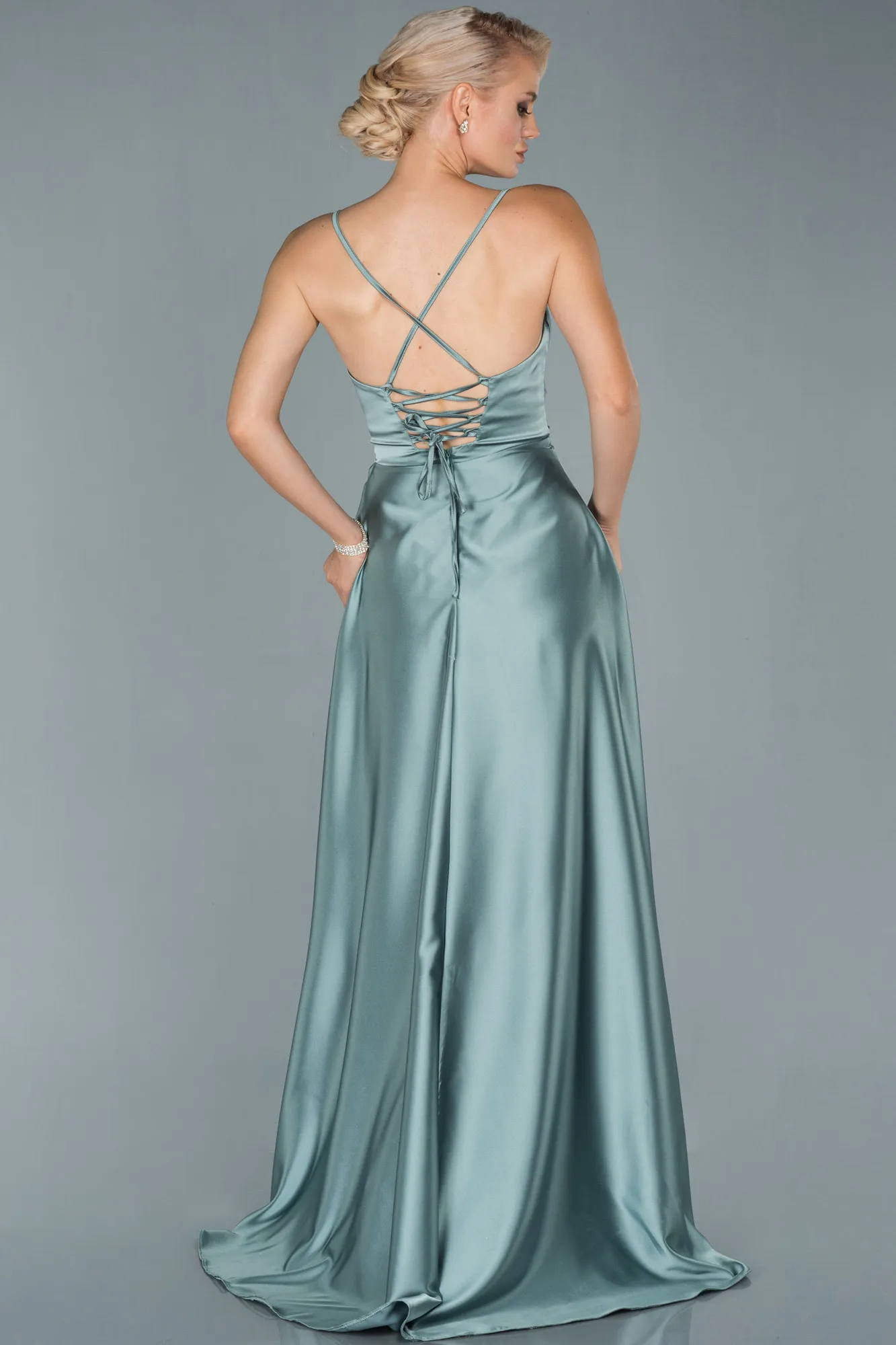 Turquoise-Long Satin Evening Dress ABU1843
