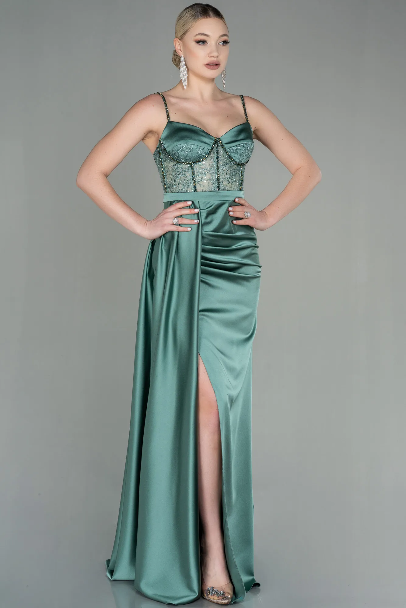 Turquoise-Long Satin Evening Dress ABU2130