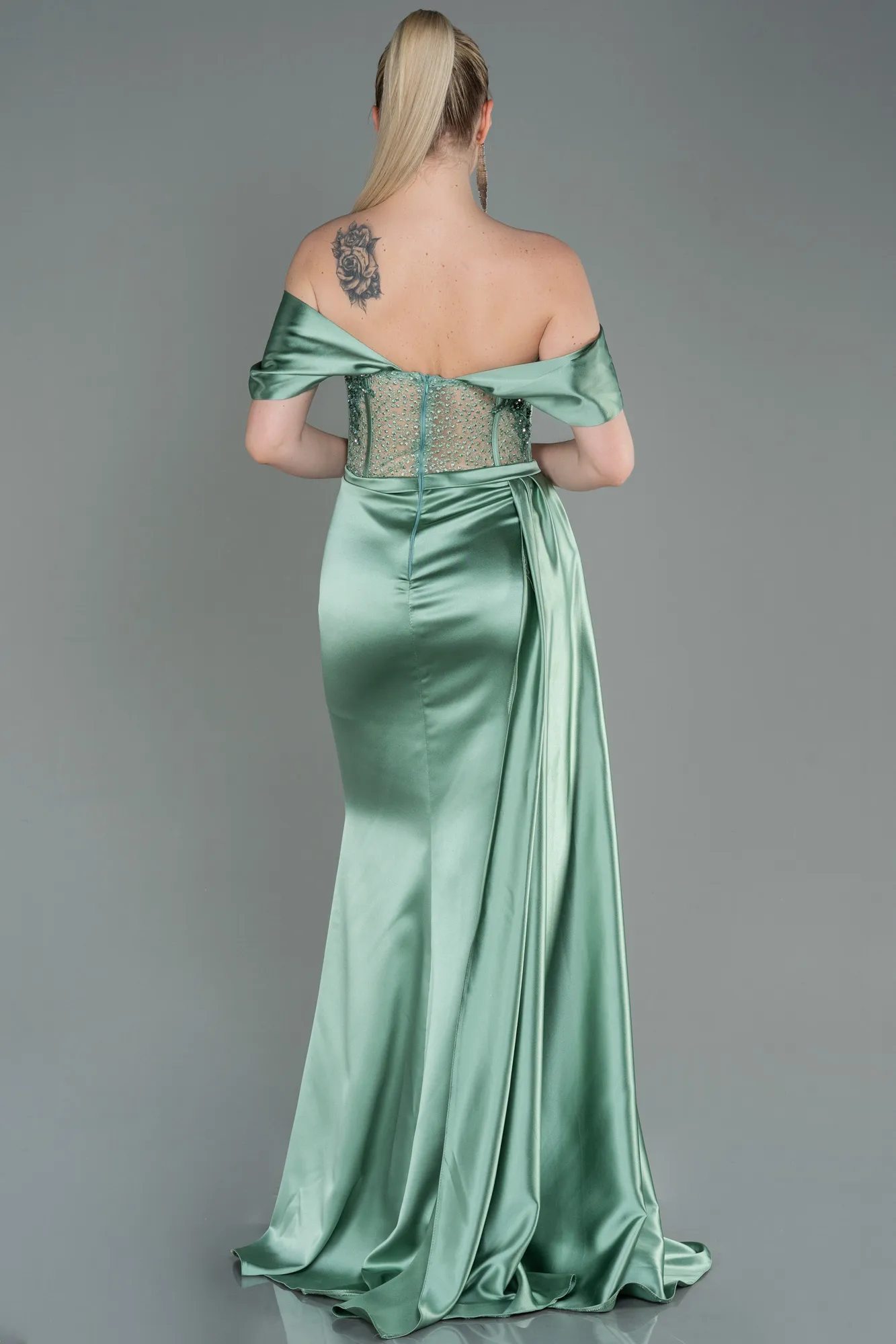 Turquoise-Long Satin Evening Dress ABU3446