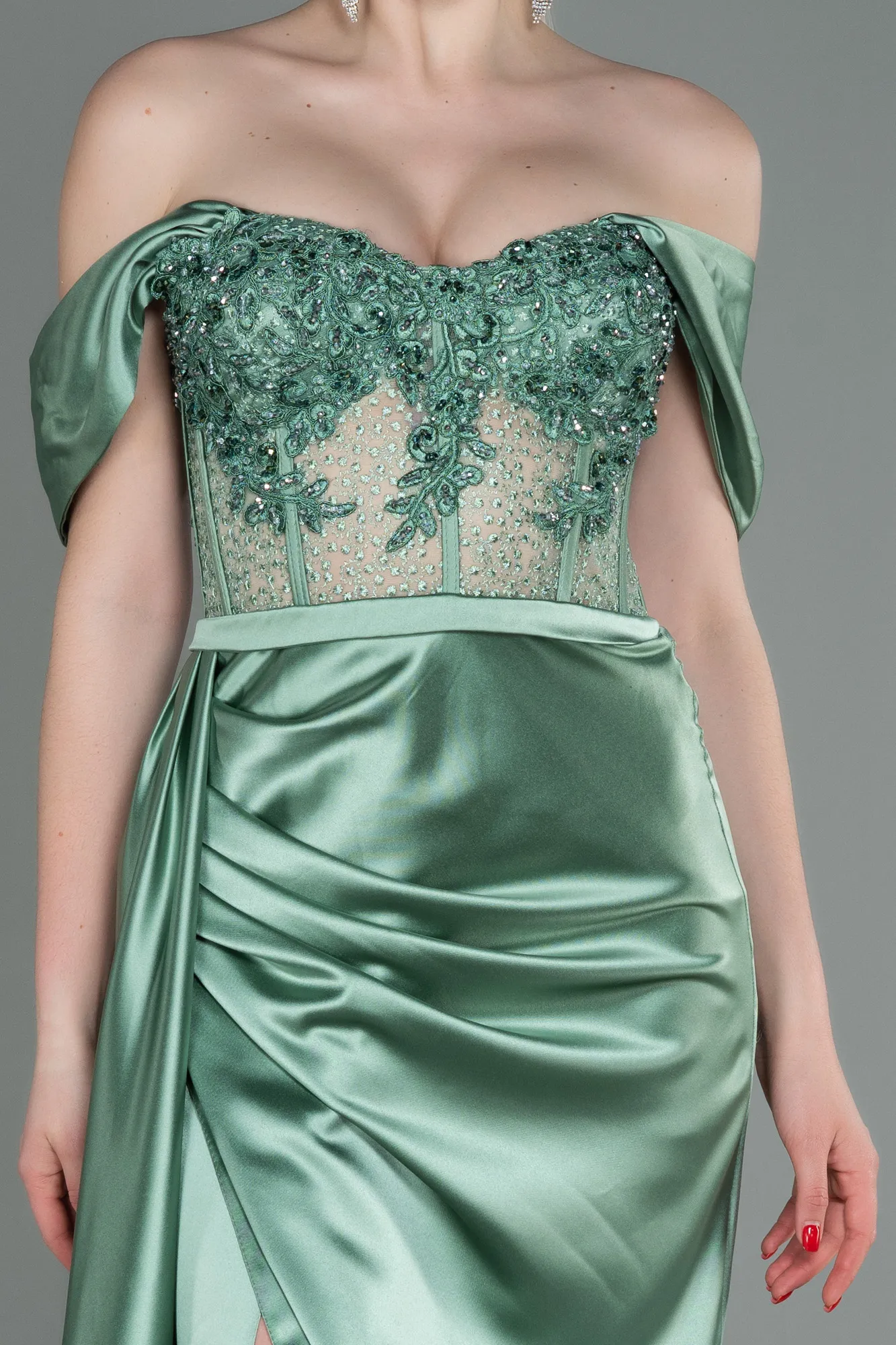 Turquoise-Long Satin Evening Dress ABU3446