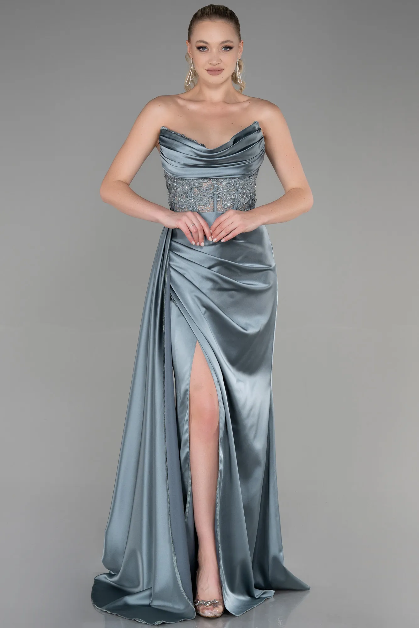 Turquoise-Long Satin Evening Dress ABU3447