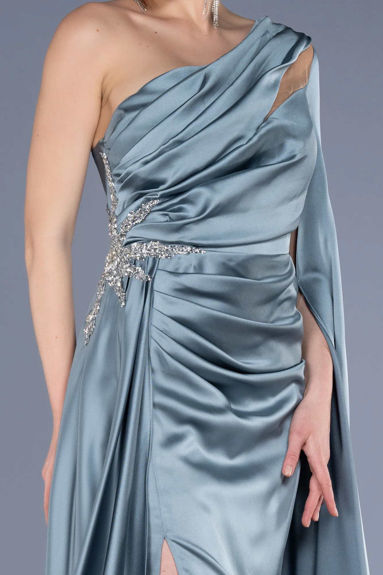 Turquoise-Long Satin Evening Dress ABU3545