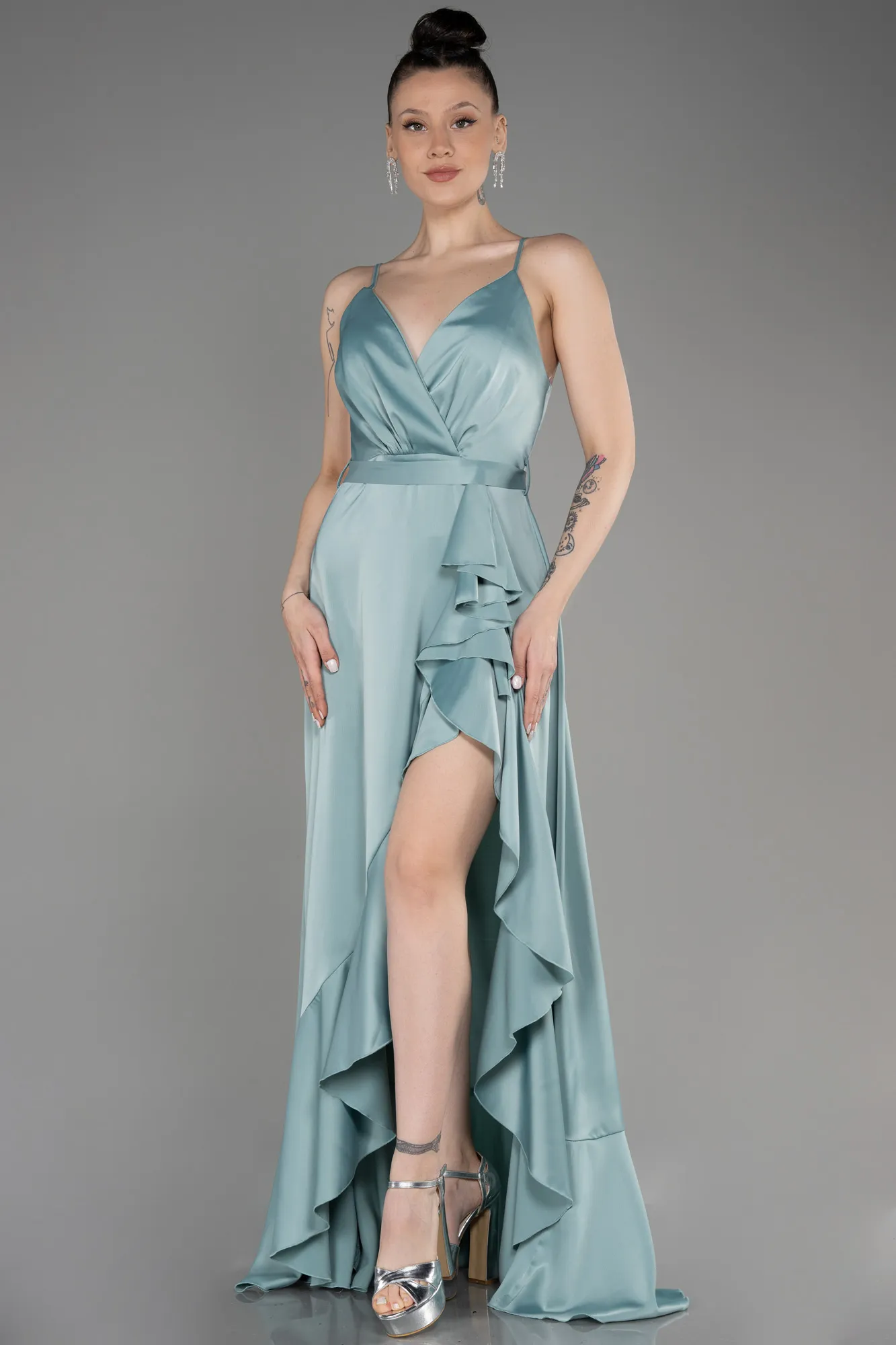 Turquoise-Long Satin Evening Dress ABU3807