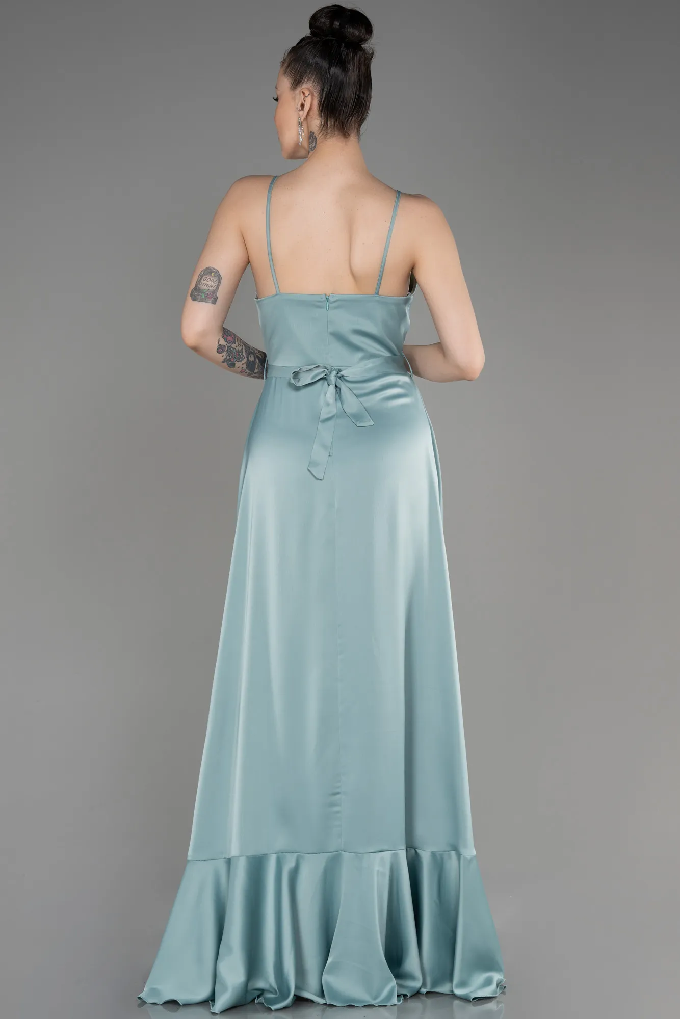 Turquoise-Long Satin Evening Dress ABU3807