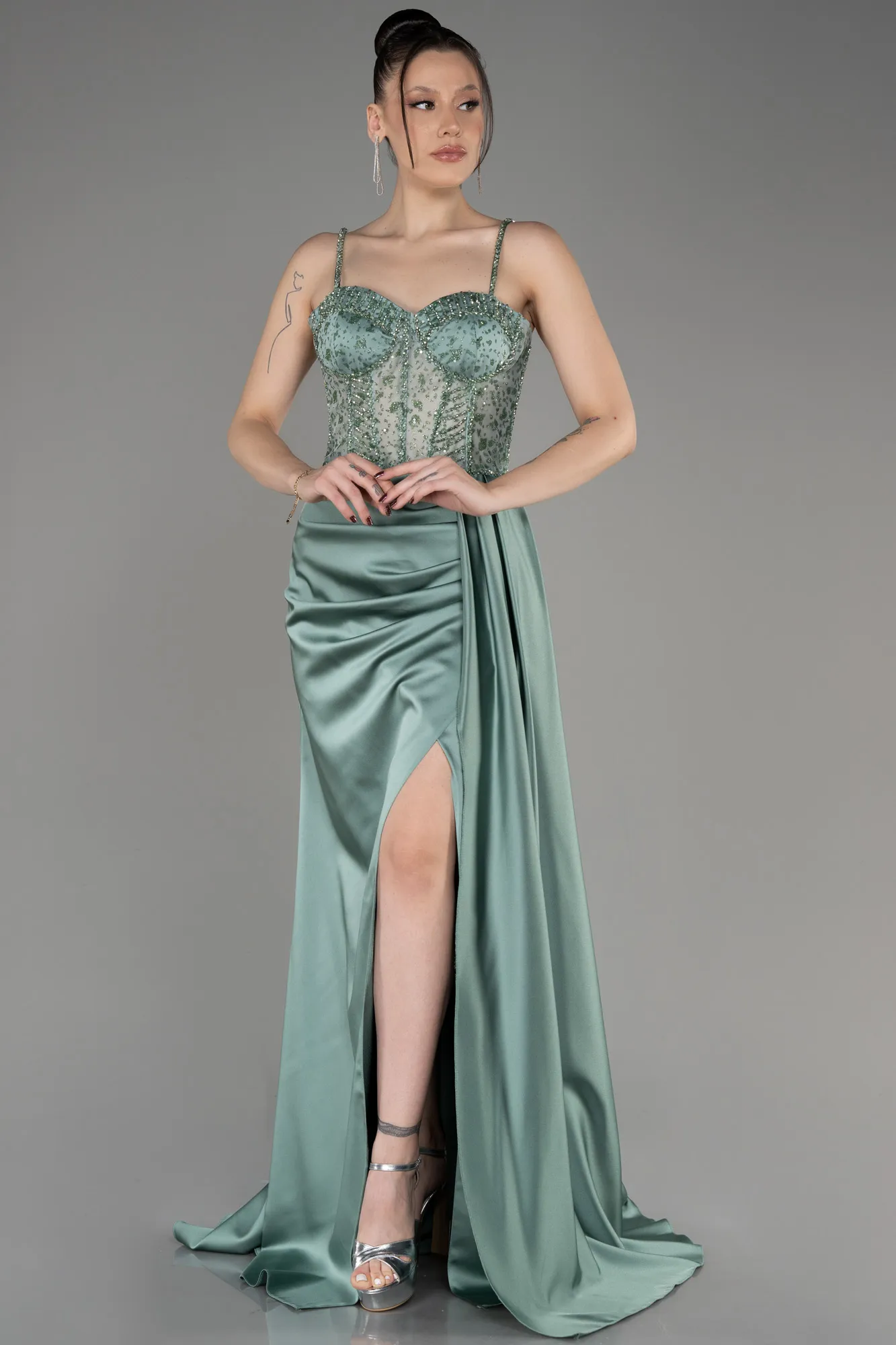 Turquoise-Long Satin Evening Dress ABU3875