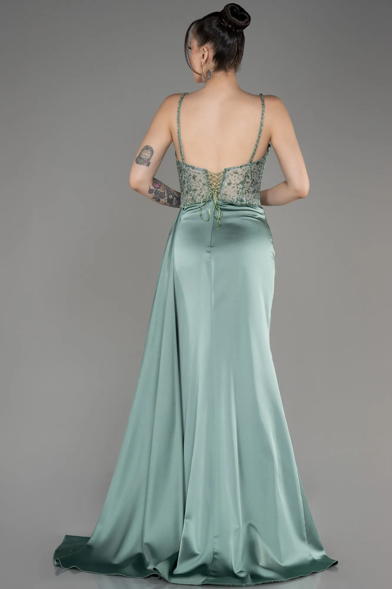 Turquoise-Long Satin Evening Dress ABU3875