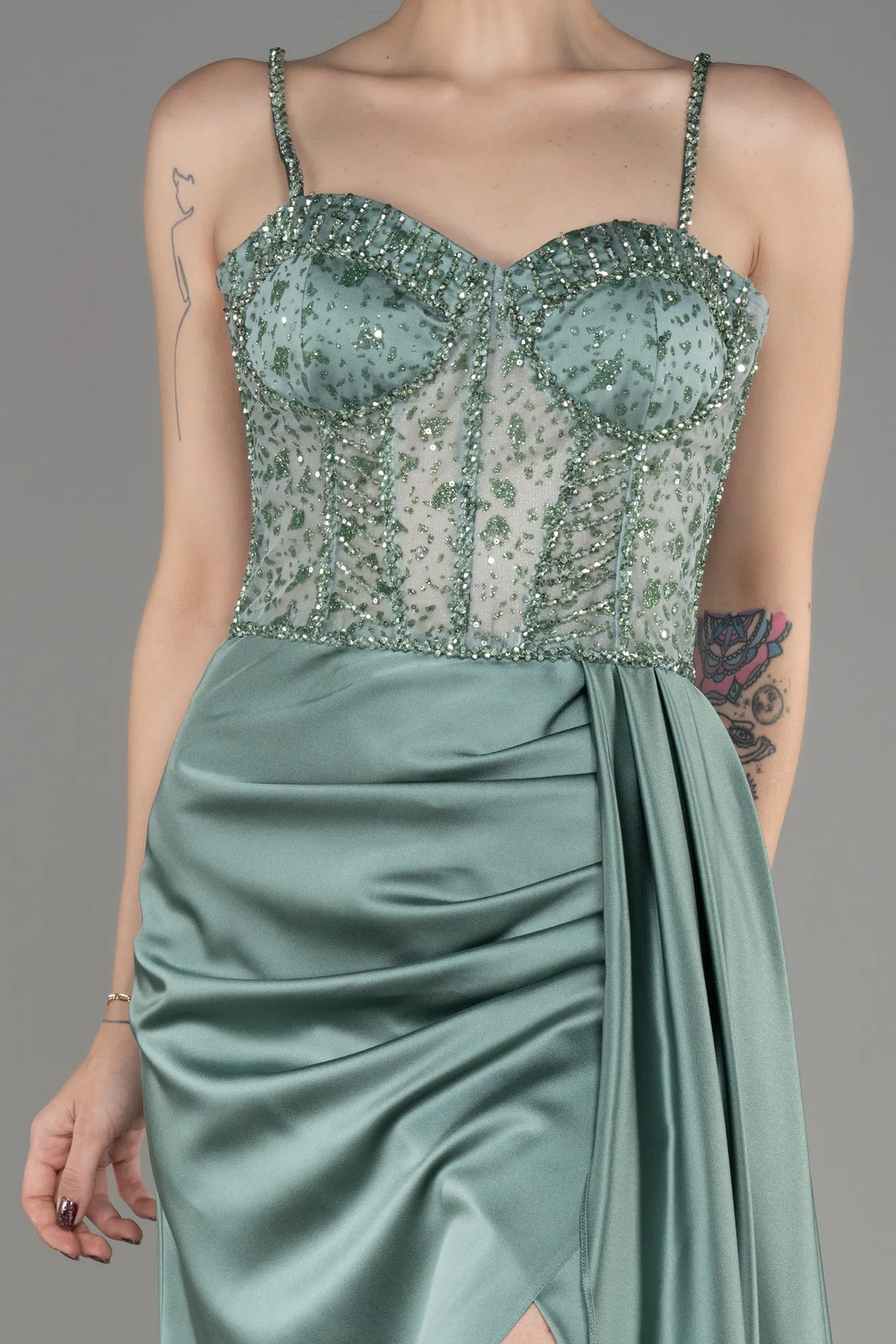 Turquoise-Long Satin Evening Dress ABU3875