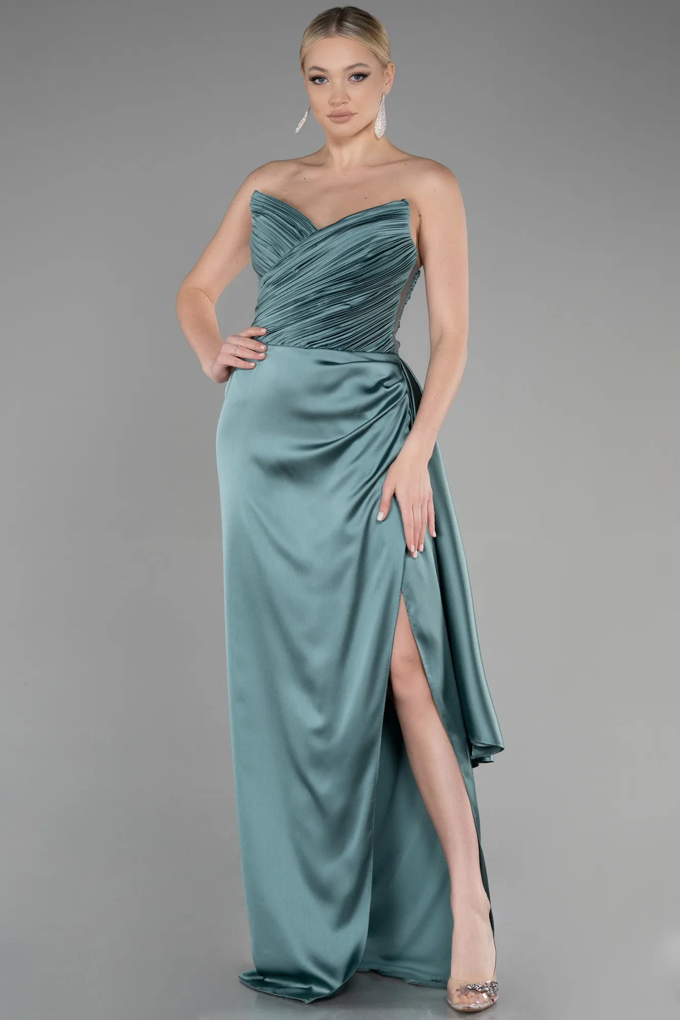 Turquoise-Long Satin Prom Gown ABU3482