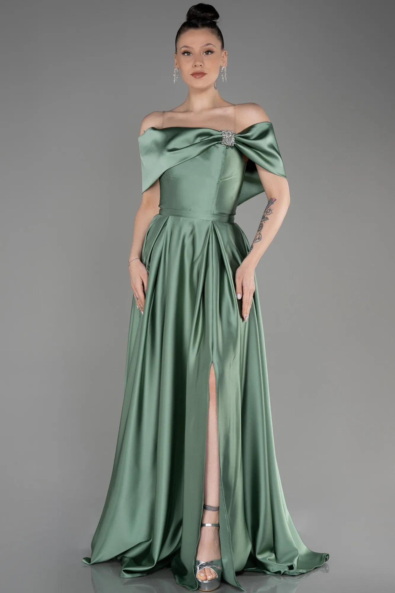 Turquoise-Long Satin Prom Gown ABU3788