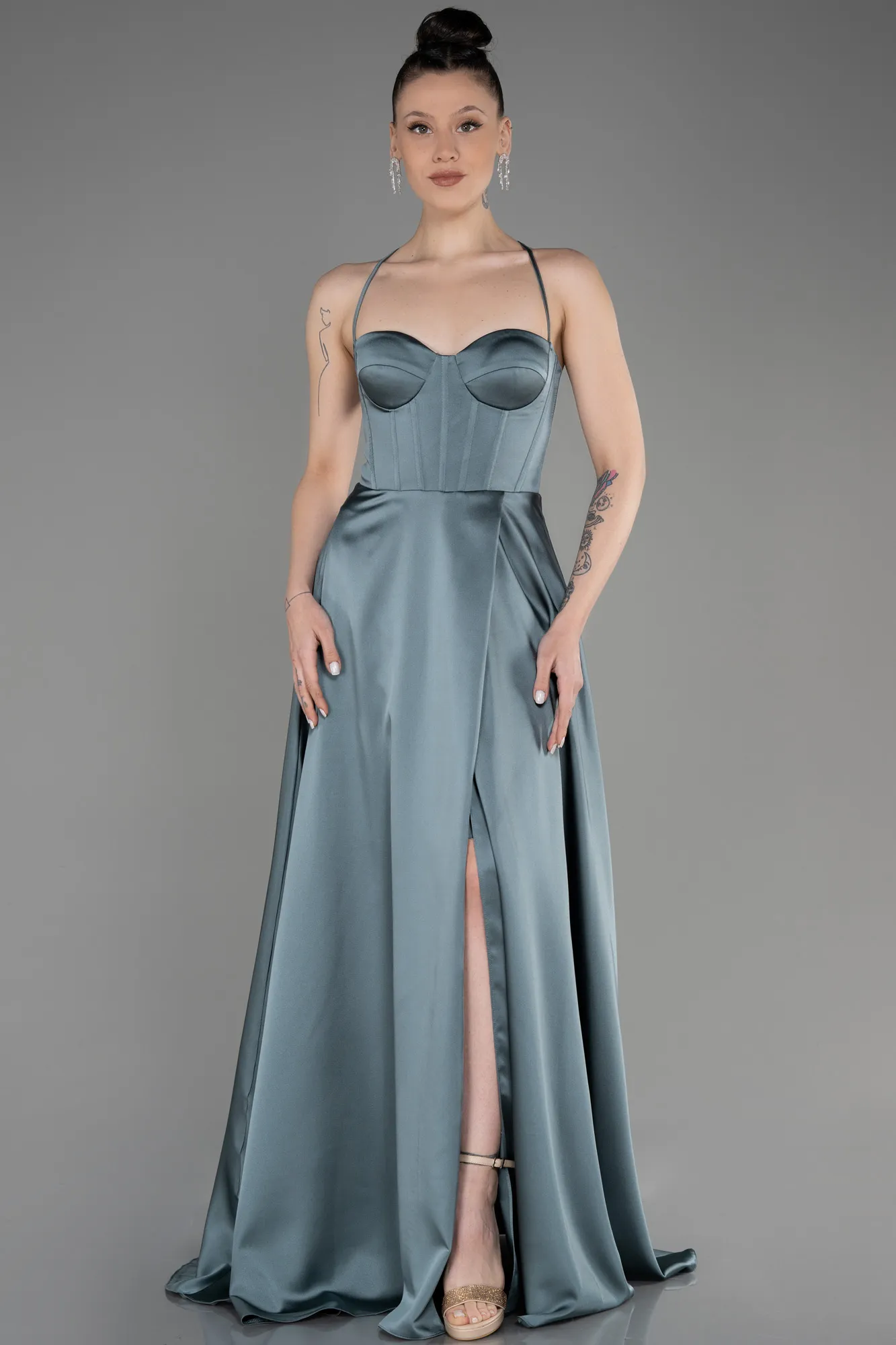Turquoise-Long Satin Prom Gown ABU3809