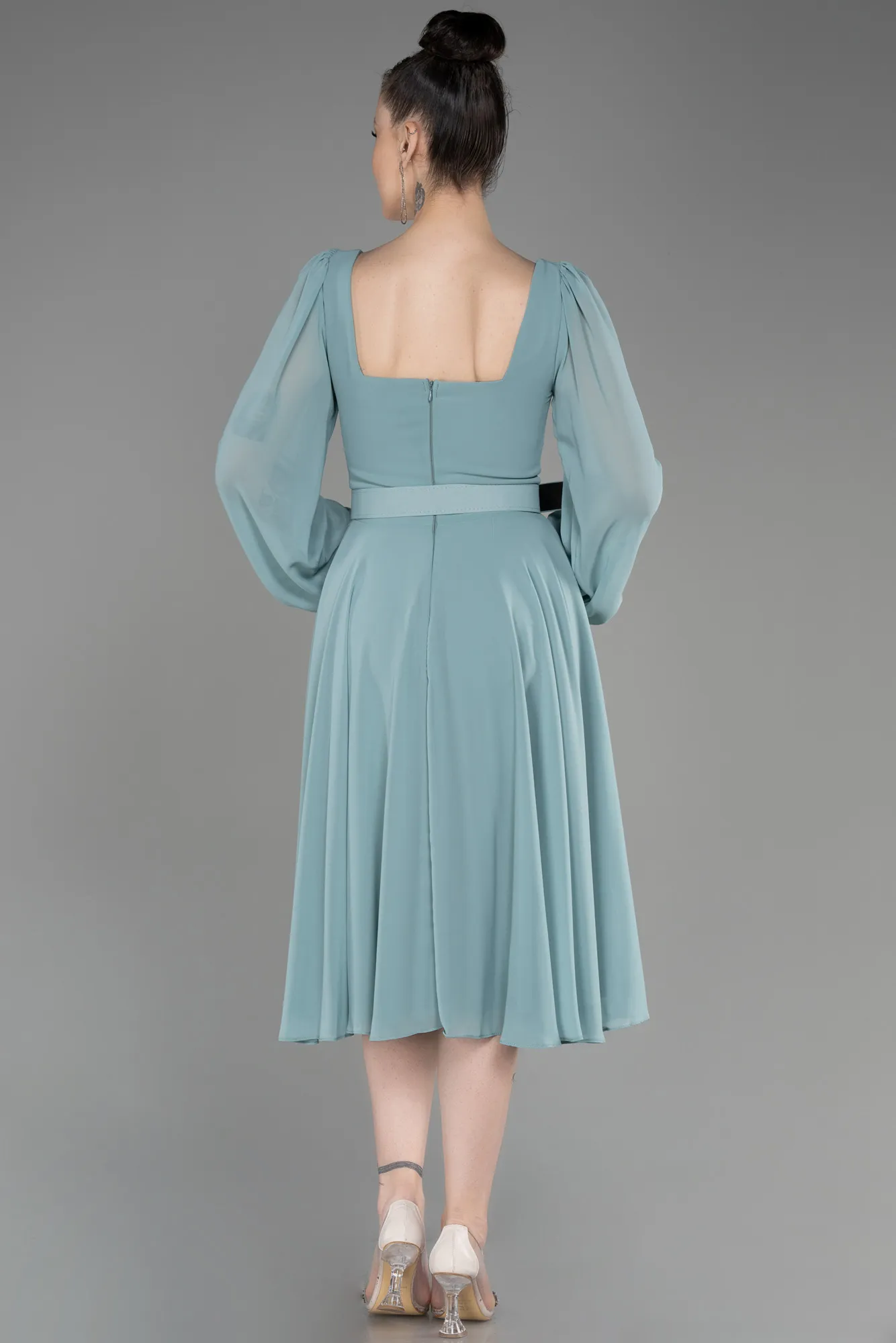 Turquoise-Long Sleeve Midi Chiffon Cocktail Dress ABK2026