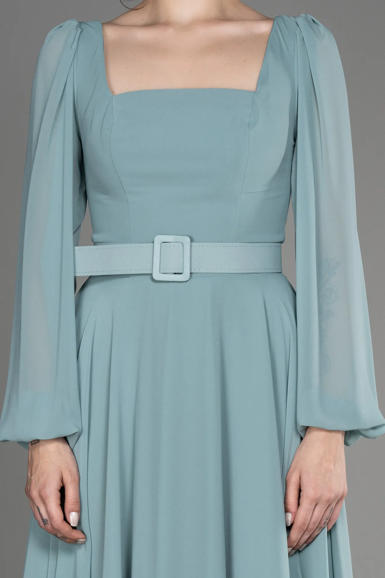 Turquoise-Long Sleeve Midi Chiffon Cocktail Dress ABK2026