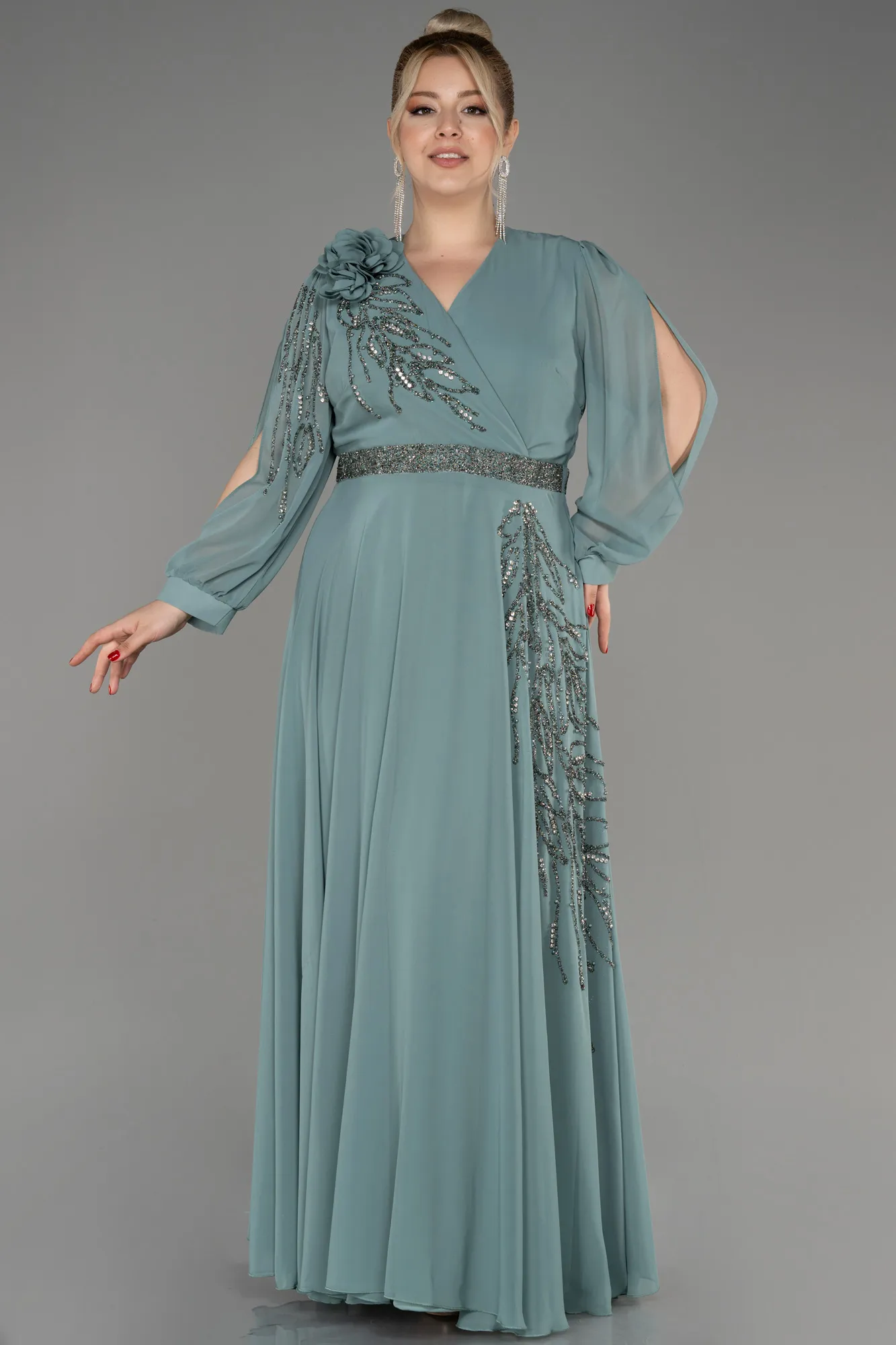 Turquoise-Long Sleeve Stone Chiffon Plus Size Evening Dress ABU3917