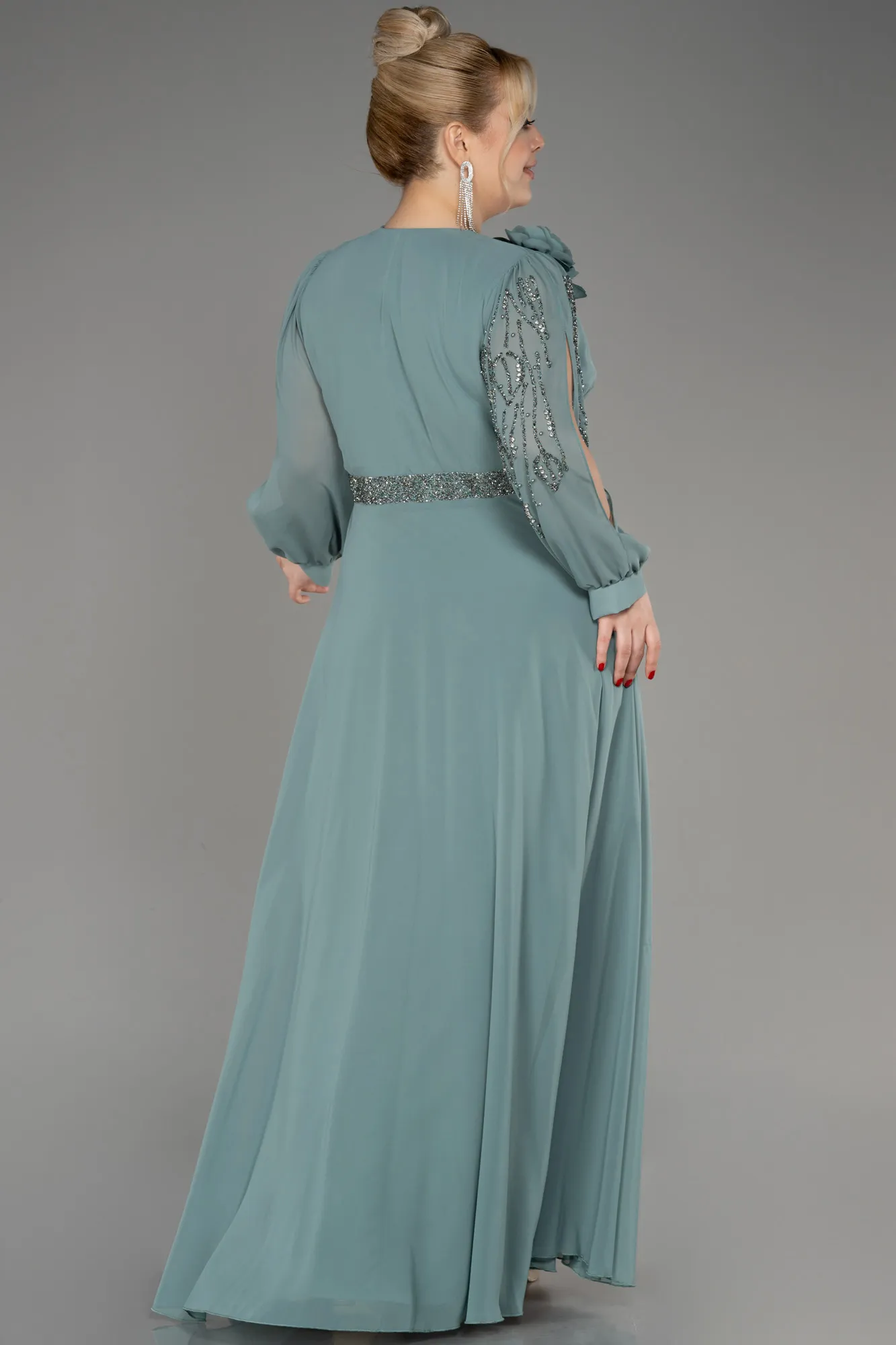 Turquoise-Long Sleeve Stone Chiffon Plus Size Evening Dress ABU3917