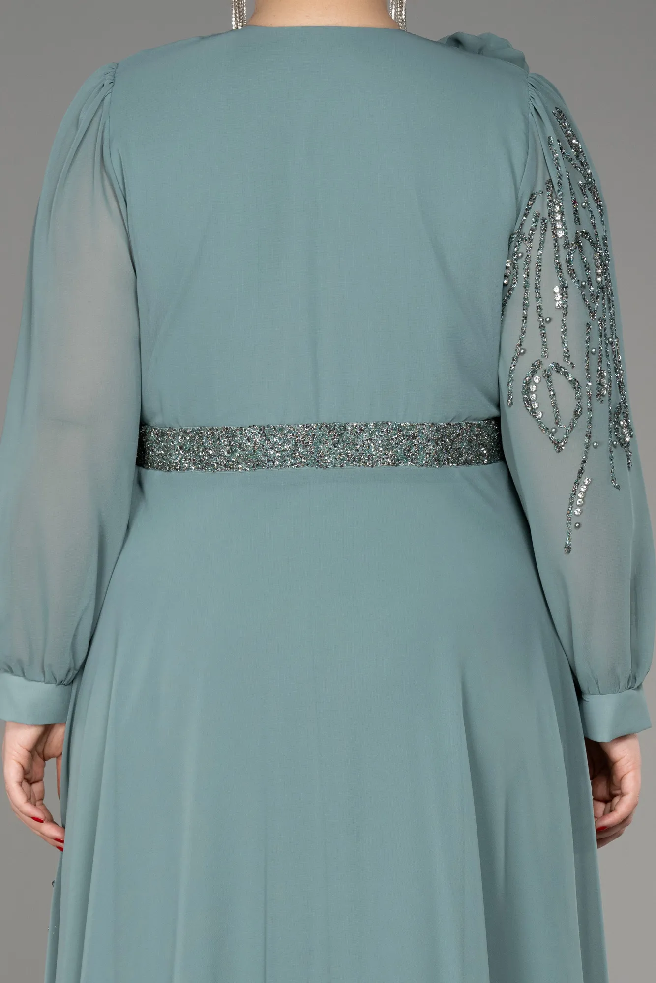 Turquoise-Long Sleeve Stone Chiffon Plus Size Evening Dress ABU3917