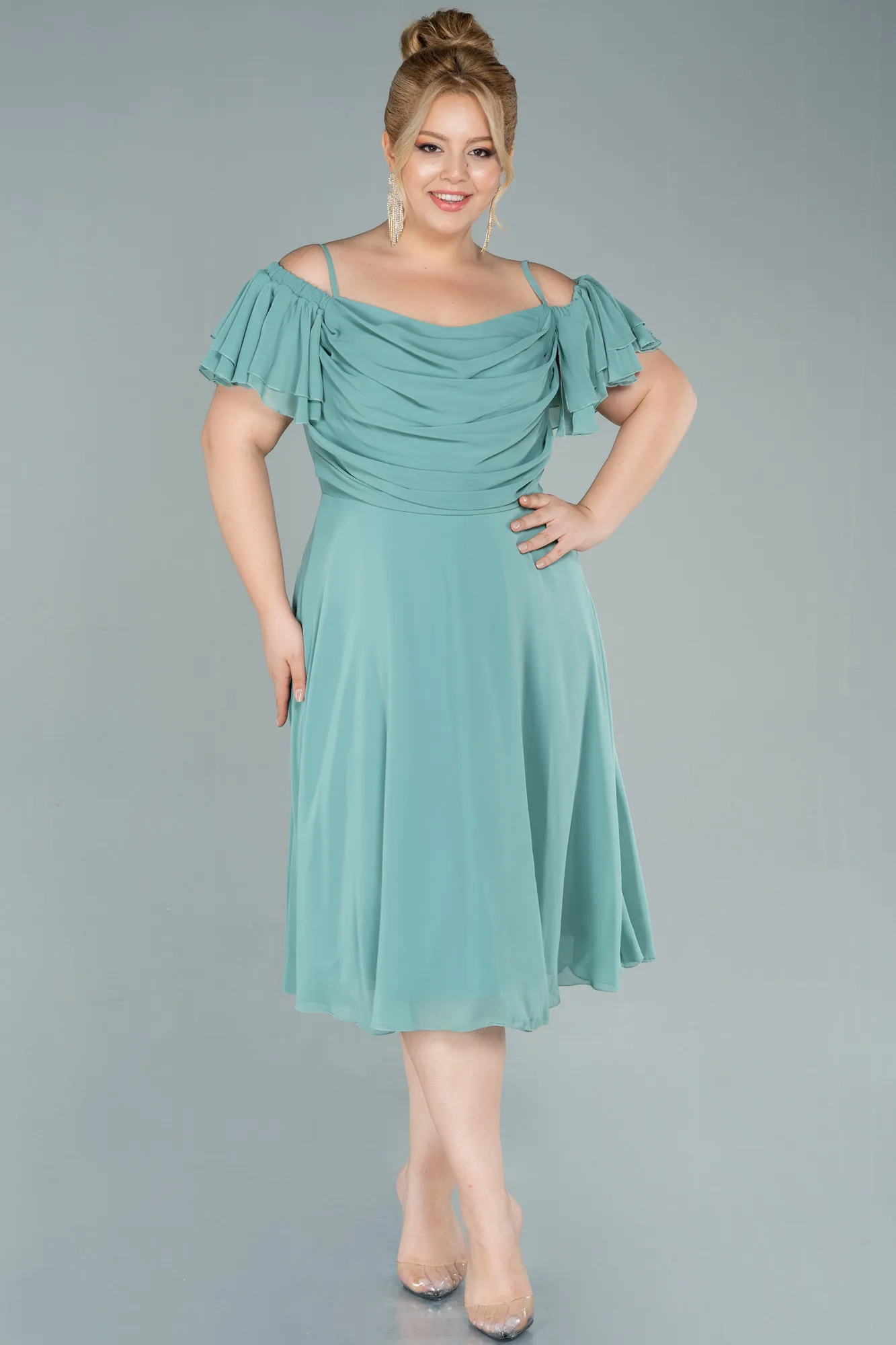 Turquoise-Midi Chiffon Plus Size Evening Dress ABK1475